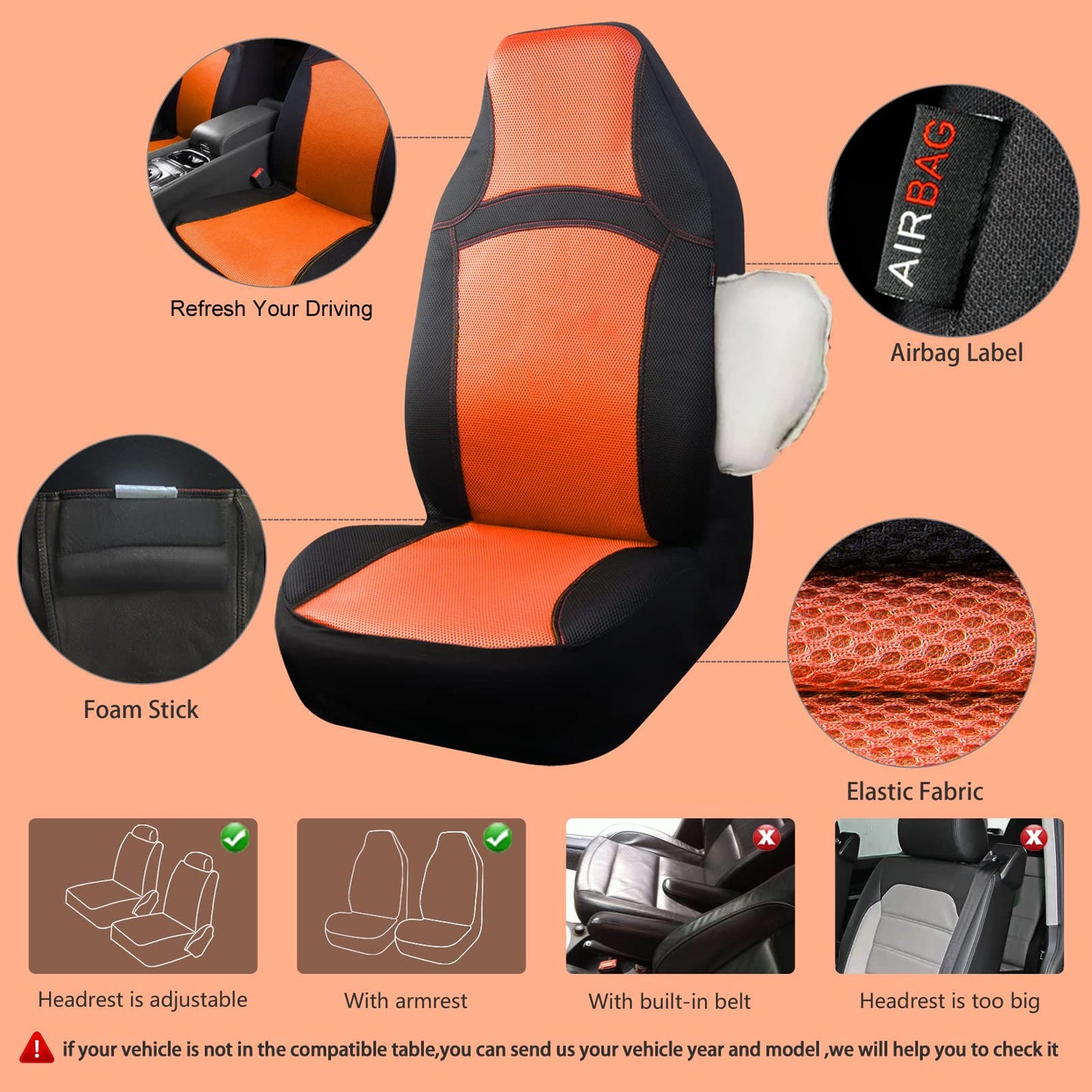 CAR PASS Seat Cover Full Sets, 3D Air Mesh Car Seat Cover with 5mm Composite Sponge Inside,Airbag Compatible Universal Fit for SUV,Vans,sedans, Trucks, Automotive Interior Covers(All Black)