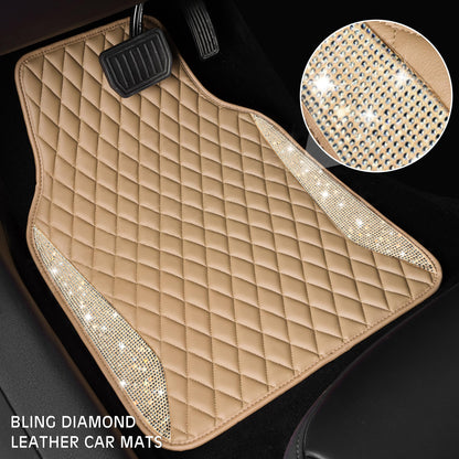 CAR PASS Bling Leather Car Mats Shining Diamond Floor Mats Sparkly Glitter Crystal Rhinestones Carpet Anti-Slip Waterproof Pad Universal Fit for Automotive SUV, Sedan, Van, 5pcs for Girl Women Black