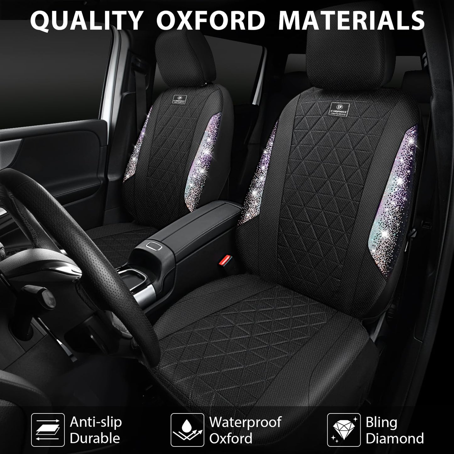 CAR PASS Oxford Bling Diamond Car Seat Covers 2 Front Interior Sets, Waterproof Shining Glitter Sparkly Crystal Universal Armrest Fit 95% Automotive Truck SUV Cute Women Girl, Black Red Rhinestone