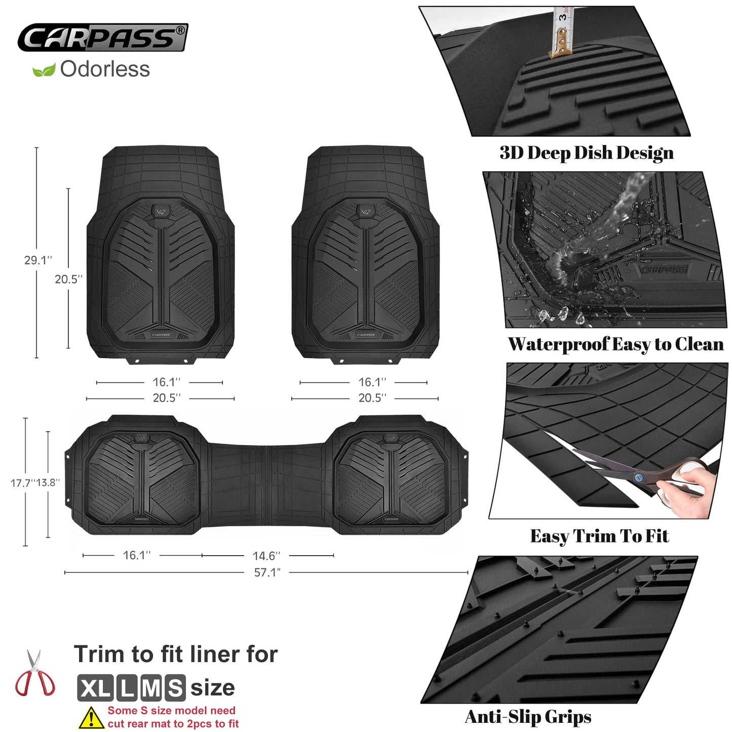 CAR PASS Heavy Duty Rubber Car Mats, Deep-Dish Odorless Car Floor Mats All Weather, Universal Trim-to-Fit for SUVs Trucks Sedans, Waterproof Anti-Slip, 3 Pieces V12 Black