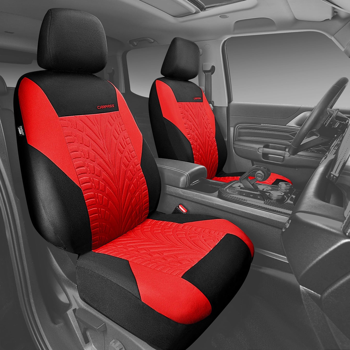 CAR PASS Car Seat Covers Full Sets, Front &amp; Split Rear Bench for Car, 3D Tyre Embossed Automotive Interior Covers, Airbag Compatible, Quick Setup Universal Fit Seat Covers for Car, SUV(All Black)