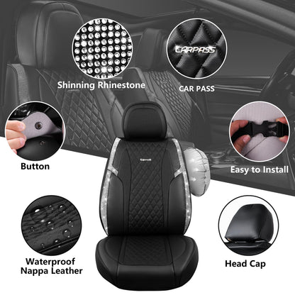 CAR Pass Bling Car Seat Covers, Microfiber Nappa Leather Luxury Cushioned, Waterproof Heavy-Duty Anti-Slip Universal Fit for Auto SUV Sedan,Sparkly Glitter Shining Rhinestone Full Set, Black Diamond