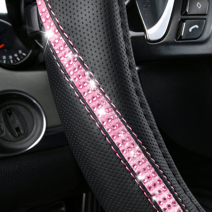 CAR PASS Bling Diamond Black Leather Steering Wheel Cover, Studded Crystal Rhinestones Universal Fit 14" 1/2-15" Glitter for Women Sparkle Girl Fit Suvs,Vans,Sedans,Car,Trucks, Silver Diamond