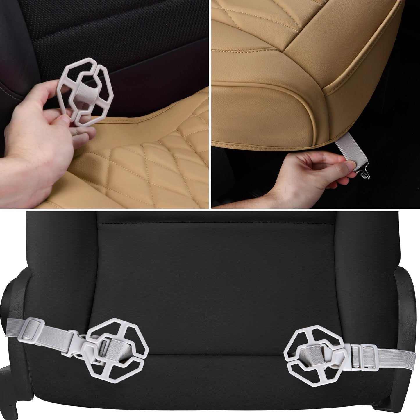 CAR PASS 2 Pack Leather Front Car Seat Covers, Bottom Seat Covers Full Wrapped with Storage Pocket, Anti-Slip Leather Seat Protectors,Waterproof Seat Cushion Pad Universal Fit Sedan SUV Truck, Beige