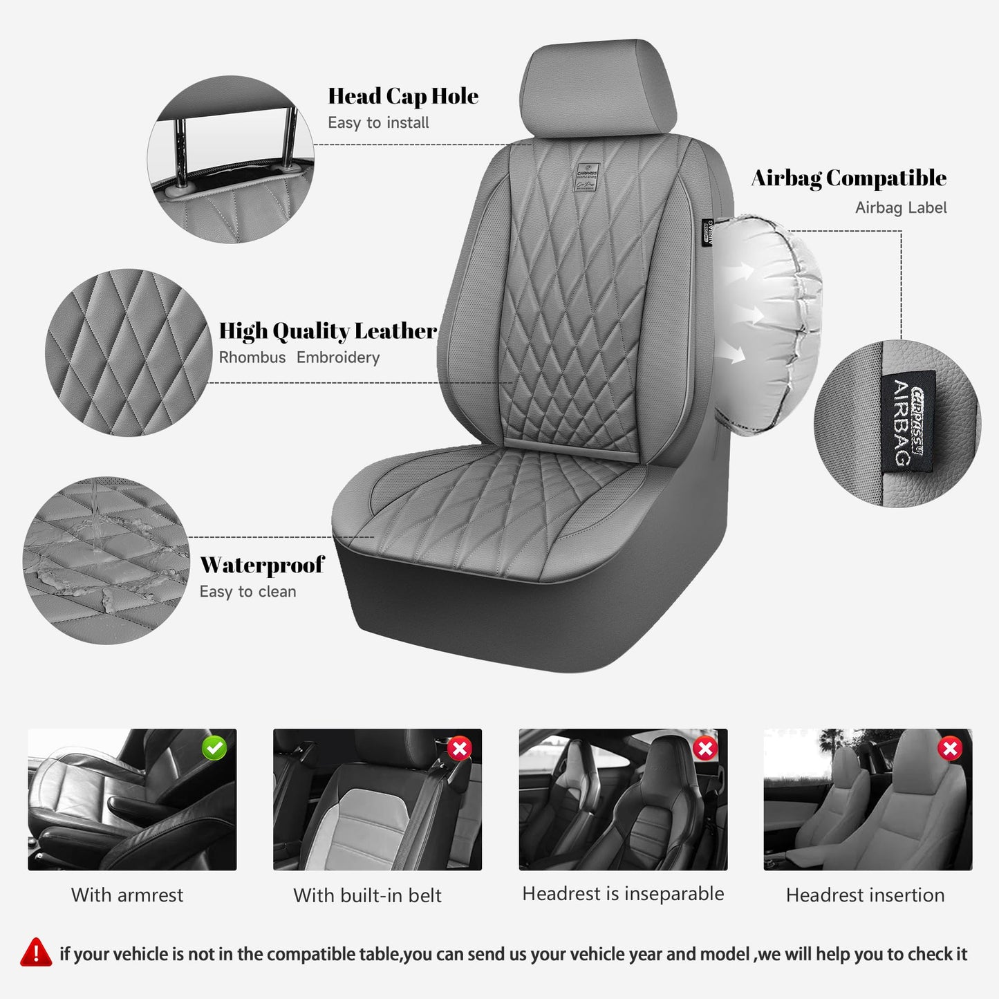 CAR PASS Piping Luxury Faux PU Leather Two Front Car Seat Covers, Waterproof Anti Slip Seat Covers Compatible with Front Seat Armrests,Universal Fit for Suvs,Vans,Trucks, Airbag Compatible(All Black)