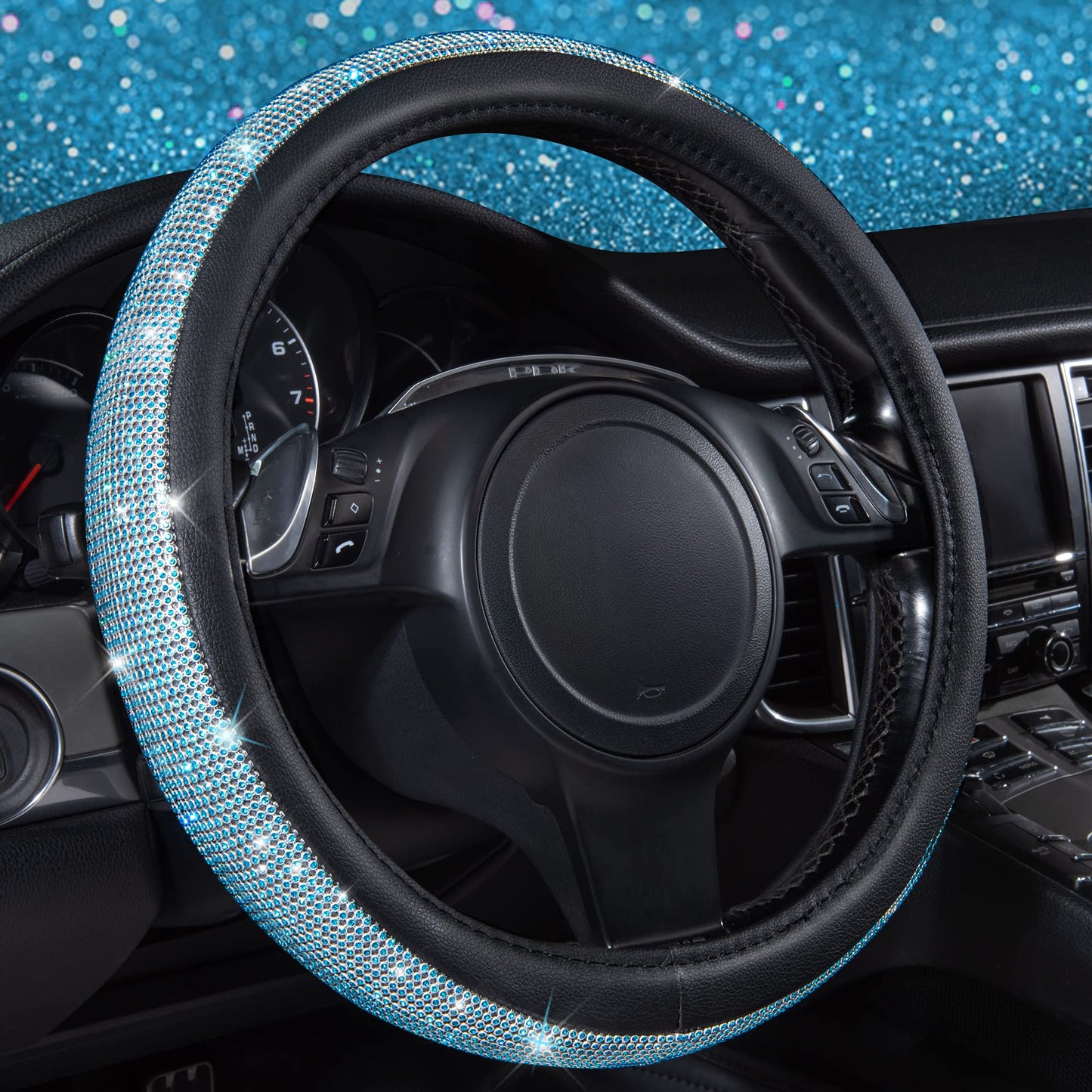 CAR PASS Bling Diamond Leather Steering Wheel Cover, With Sparkly Crystal Glitter Rhinestones Universal Fit 14"1/2-15" Car Wheel Protector for Women Girl Fit Suvs,Vans,Sedans,Car,Trucks, Black Diamond