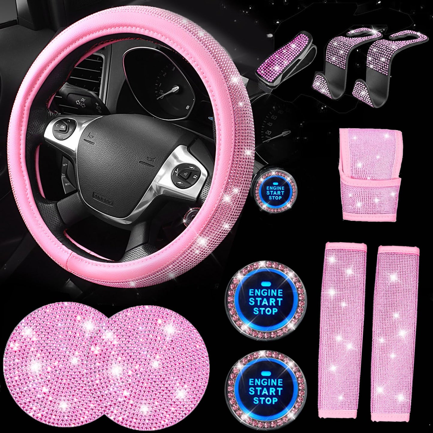 CAR PASS 7 PCS Bling Car Accessories for Women, Sparkly Rhinestone Diamond Steering Wheel Cover, Bling Seat Belt Cushion, Glitter Shift Knob Cover, Car Cup Holder Coaster, Cute Interior Sets Silver