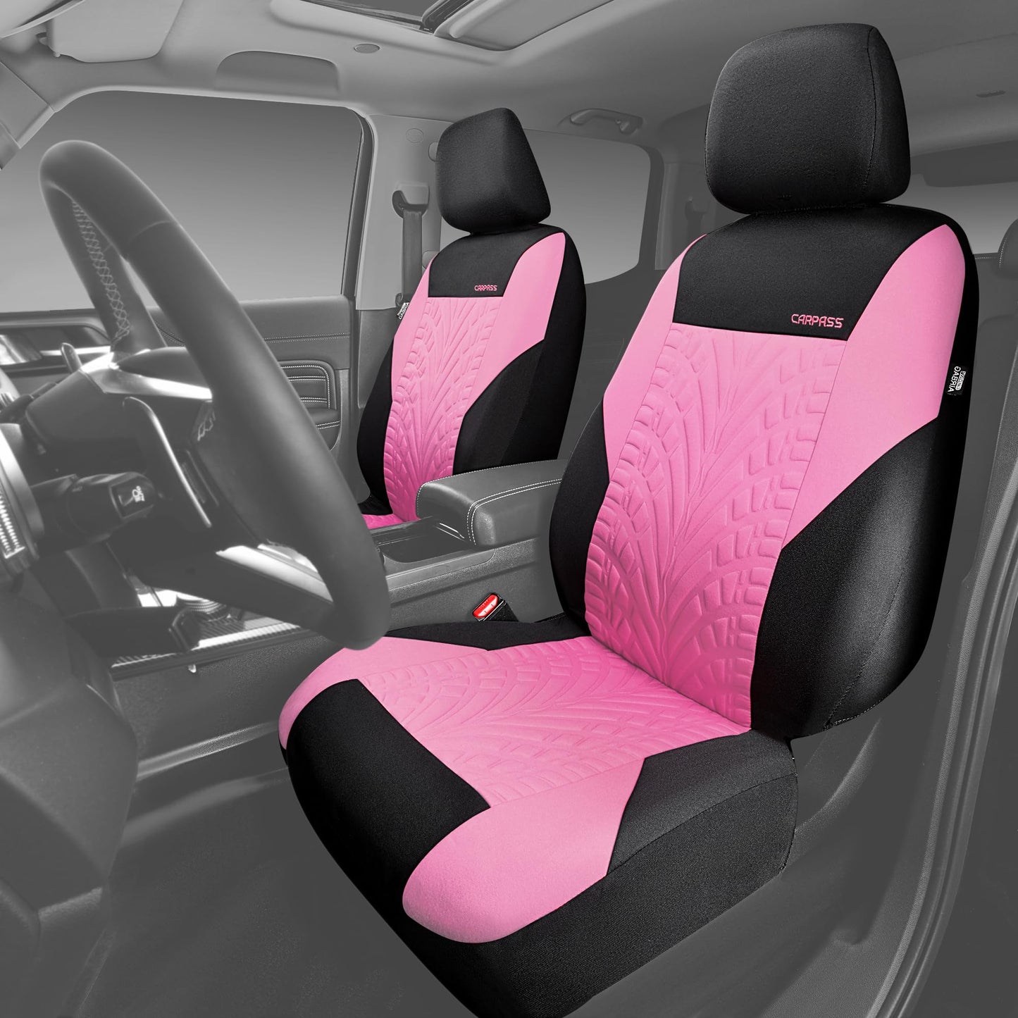 CAR PASS Car Seat Covers Full Sets, Front &amp; Split Rear Bench for Car, 3D Tyre Embossed Automotive Interior Covers, Airbag Compatible, Quick Setup Universal Fit Seat Covers for Car, SUV(All Black)