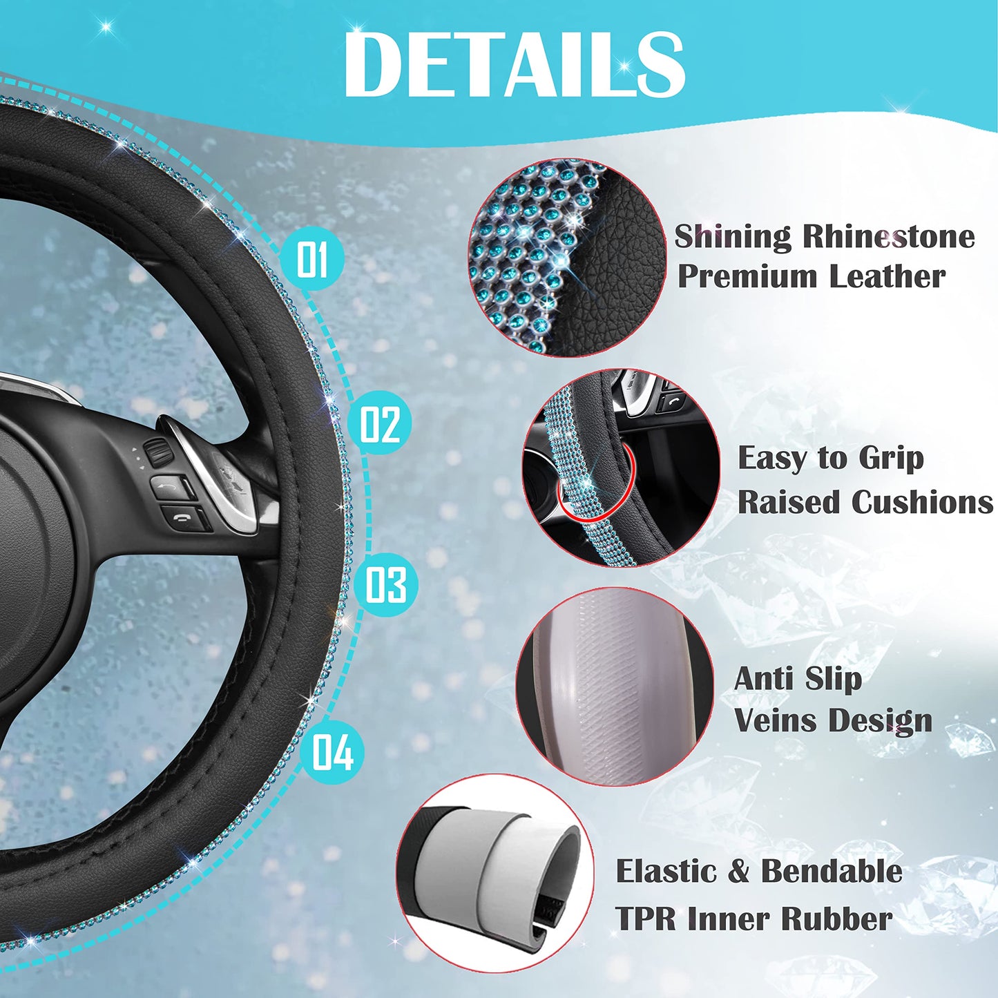 CAR PASS Bling Diamond Leather Steering Wheel Cover, With Sparkly Crystal Glitter Rhinestones Universal Fit 14"1/2-15" Car Wheel Protector for Women Girl Fit Suvs,Vans,Sedans,Car,Trucks, Black Diamond