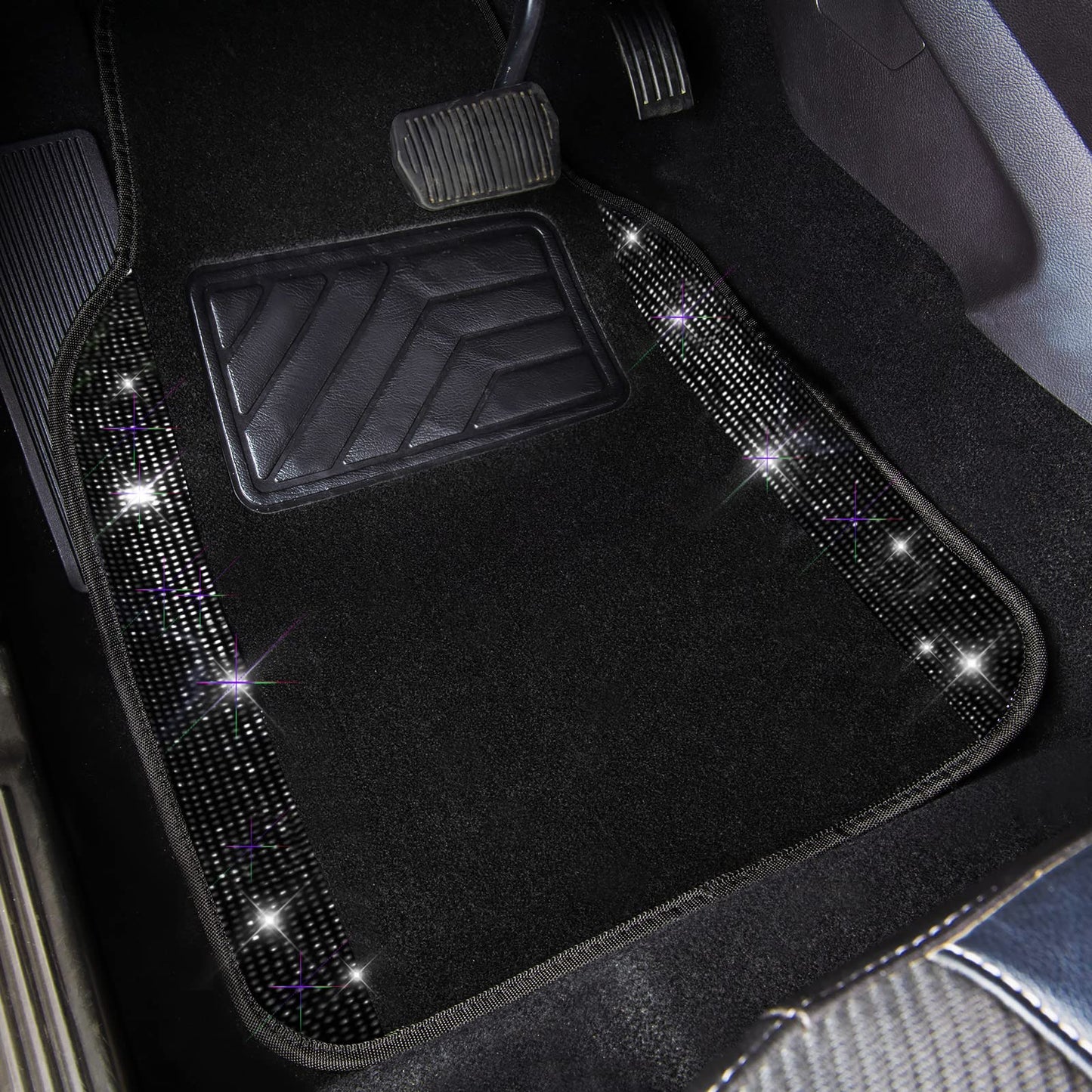 CAR PASS Bling Diamond Car Floor Mats, Shining Rhinestone Carpet Sparkly Glitter Crystal with Anti-Slip PVC Heel Pad Waterproof Universal Fit Automotive SUV,Sedan,Van,Cute Girl Women,4pcs Black Sliver