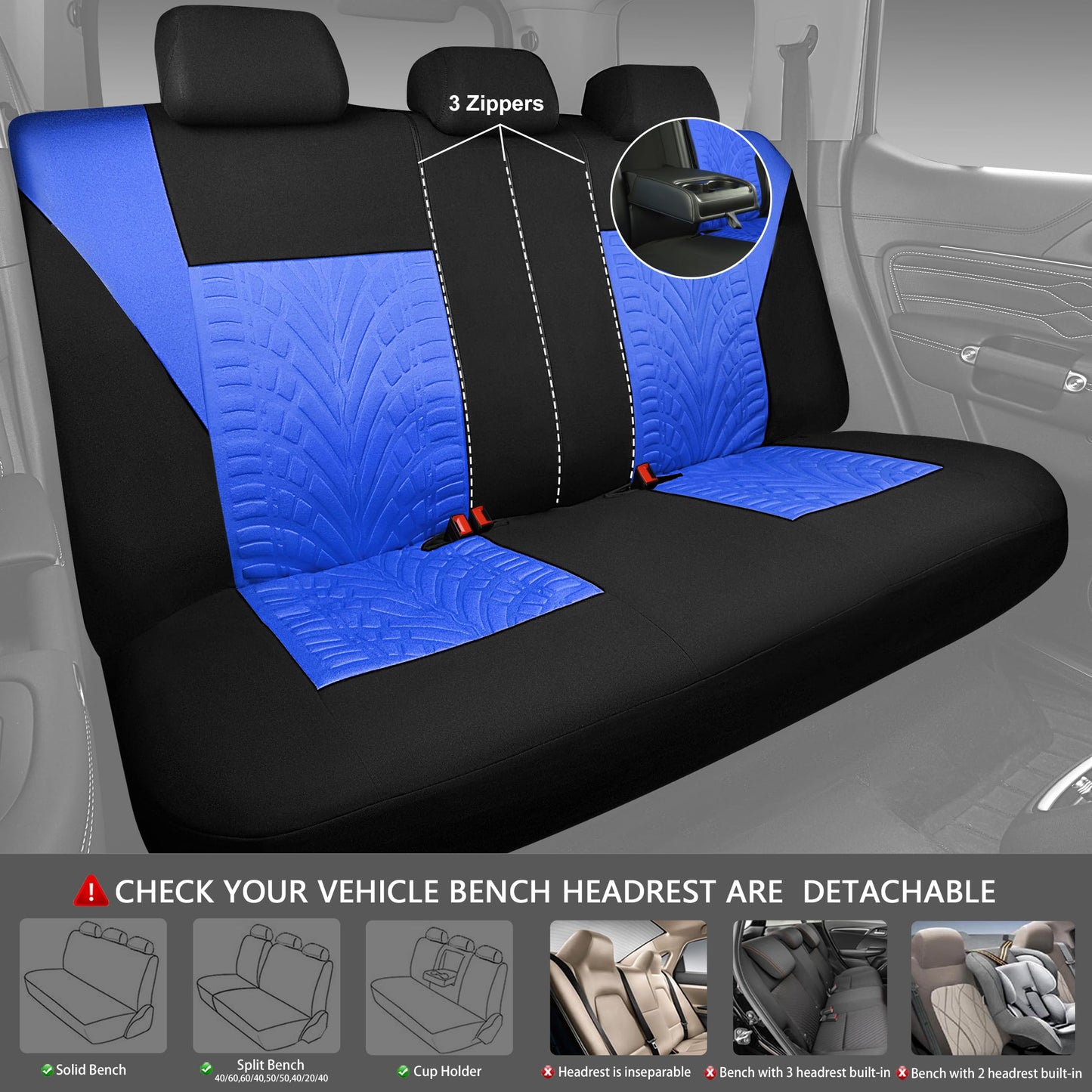 CAR PASS Car Seat Covers Full Sets, Front &amp; Split Rear Bench for Car, 3D Tyre Embossed Automotive Interior Covers, Airbag Compatible, Quick Setup Universal Fit Seat Covers for Car, SUV(All Black)