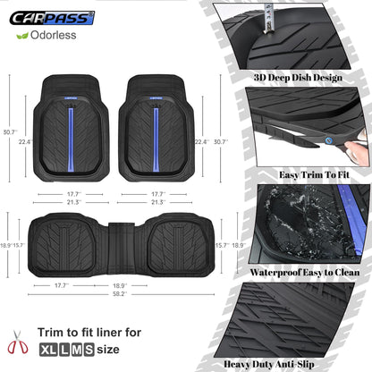 CAR PASS DeepDish Floor Mats for Cars, Heavy Duty Rubber Car Mats 3-Piece, Universal M~XL Size Trim-to Fit Automotive Floor Mats for Truck Van SUV Durable Waterproof All Weather Car Mats (Solid Black)