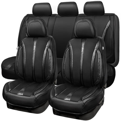 CAR Pass Nappa Leather Car Seat Covers, Durable Waterproof Luxury Universal for SUV Pick-up Truck Sedan, Anti-Slip Driver 5 Seats Covers Full Set with Backrest (Black Chameleon Iridescent Reflective)