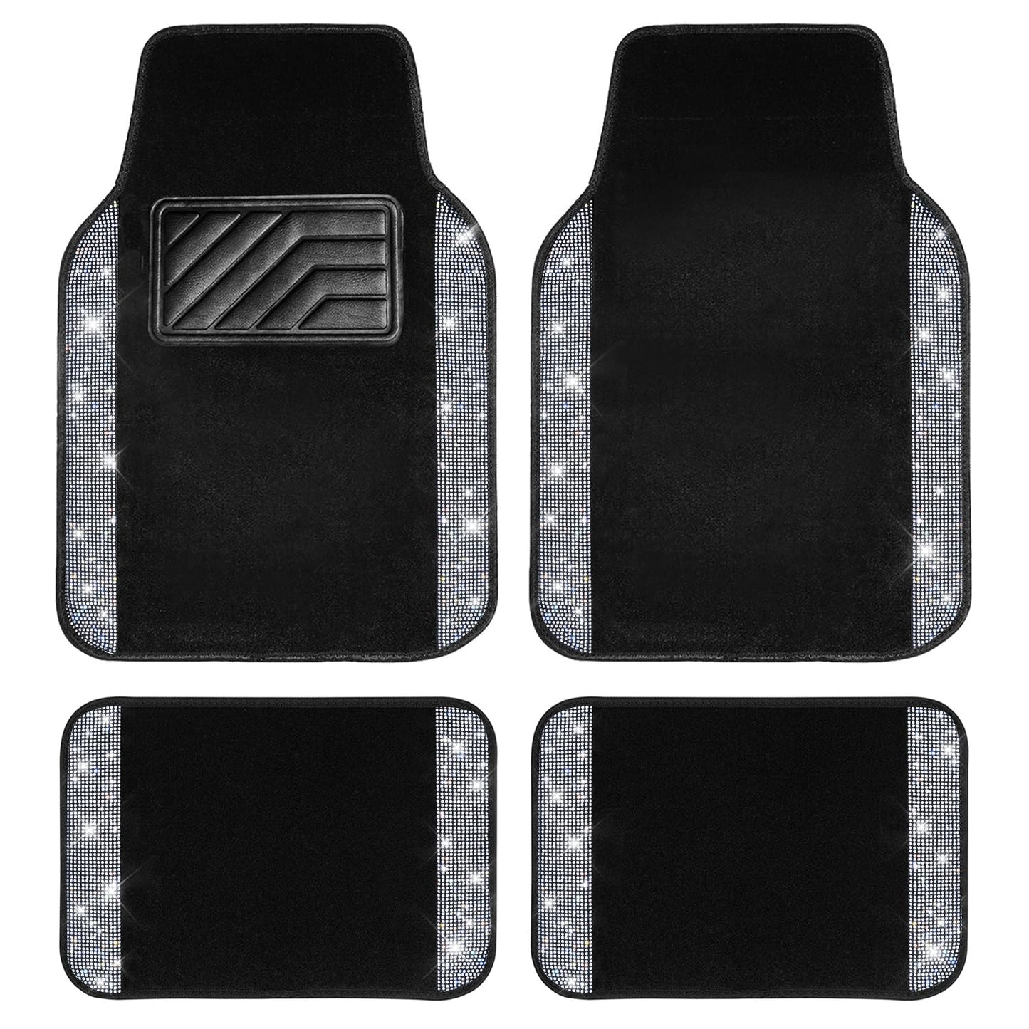 CAR PASS Bling Diamond Car Floor Mats, Shining Rhinestone Carpet Sparkly Glitter Crystal with Anti-Slip PVC Heel Pad Waterproof Universal Fit Automotive SUV,Sedan,Van,Cute Girl Women,4pcs Black Sliver