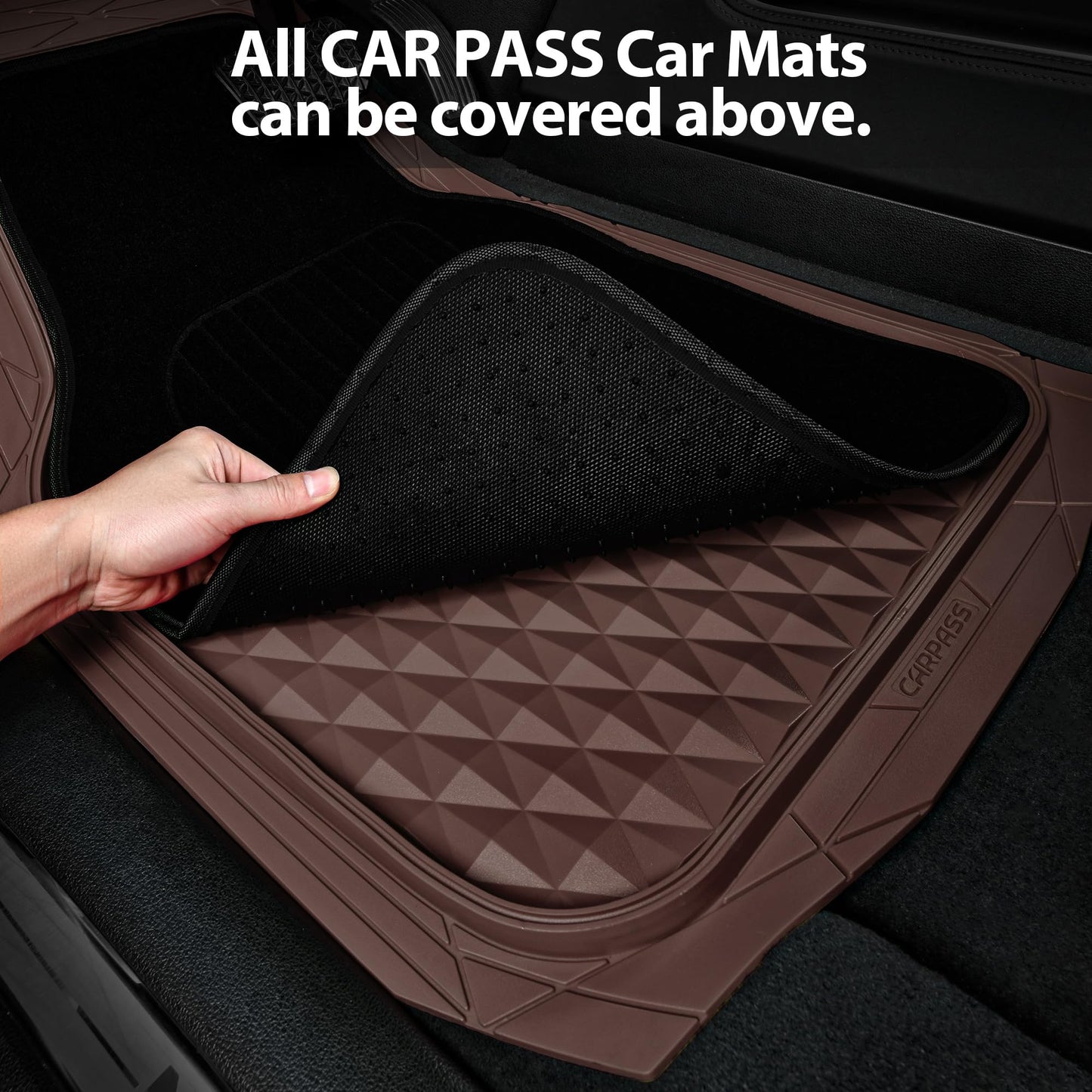 CAR PASS Heavy Duty Rubber Car Mats, Deep Dish All-Weather Floor Mat for Car Full Set Durable Anti-Slip 3D Rhombus Waterproof Trim to Fit Liner Universal Fit Automotive,Sedan,SUV,Truck, 3 Piece Black