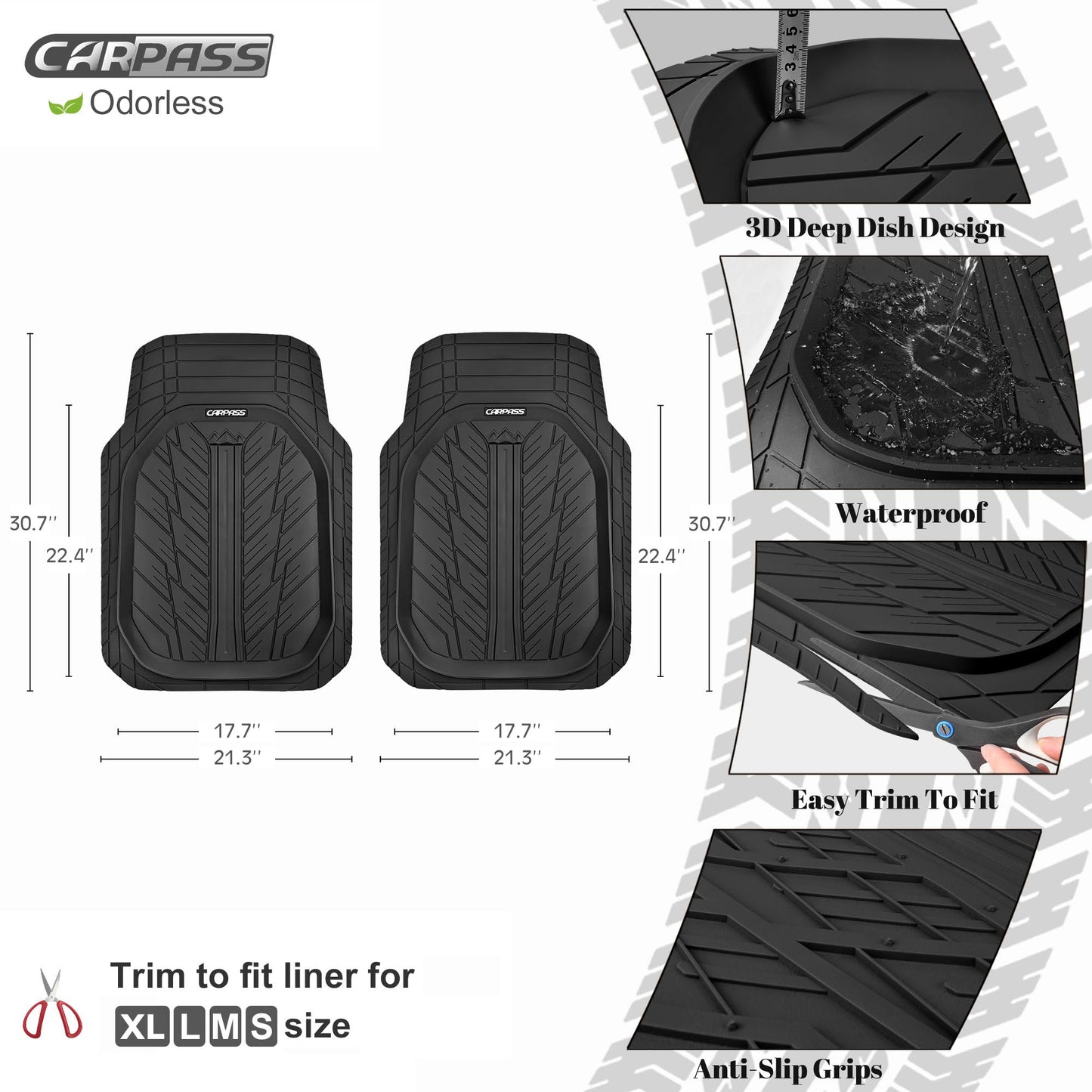 CAR PASS DeepDish Floor Mats for Cars, Heavy Duty Rubber Car Mats 3-Piece, Universal M~XL Size Trim-to Fit Automotive Floor Mats for Truck Van SUV Durable Waterproof All Weather Car Mats (Solid Black)