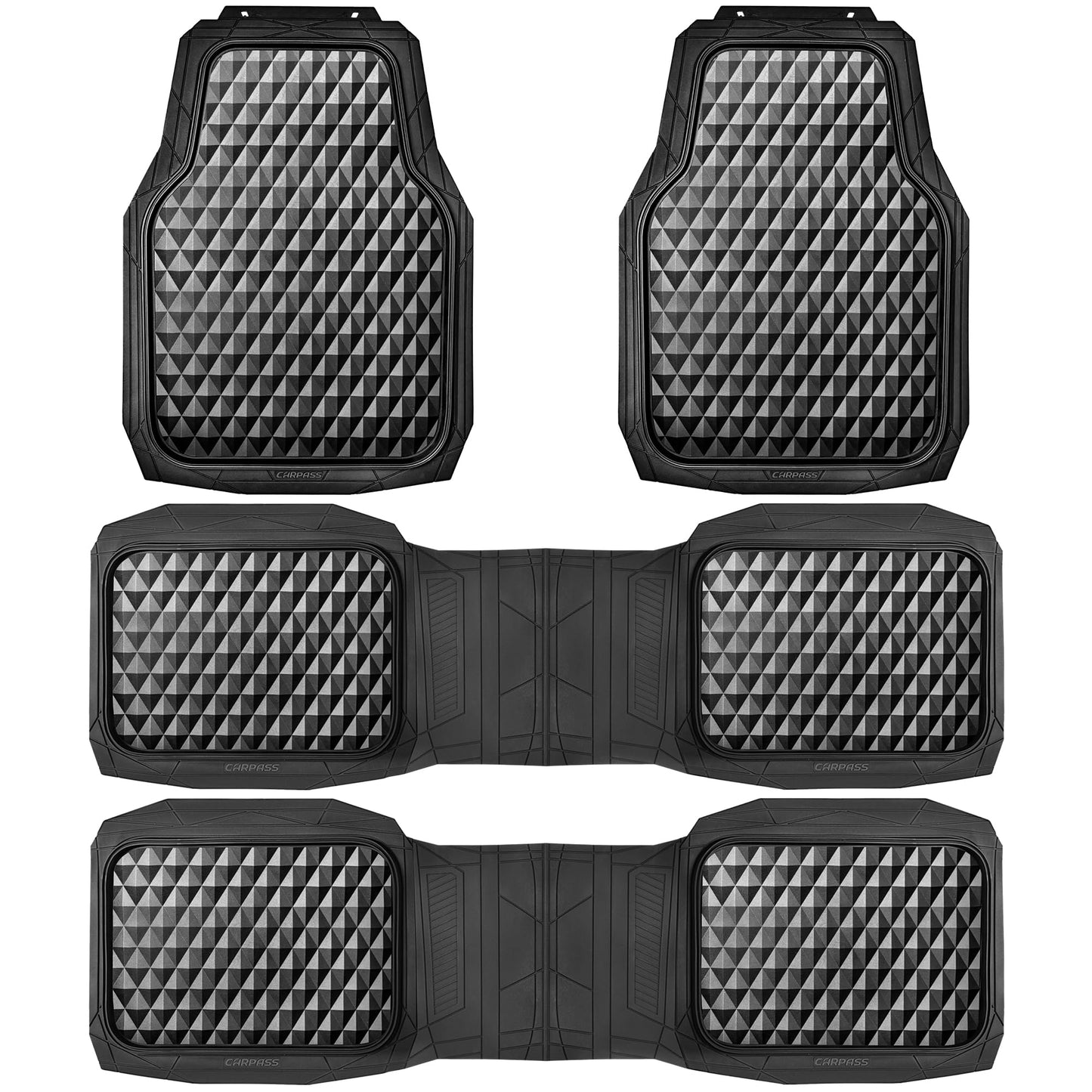 CAR PASS Heavy Duty Rubber Car Mats, Deep Dish All-Weather Floor Mat for Car Full Set Durable Anti-Slip 3D Rhombus Waterproof Trim to Fit Liner Universal Fit Automotive,Sedan,SUV,Truck, 3 Piece Black