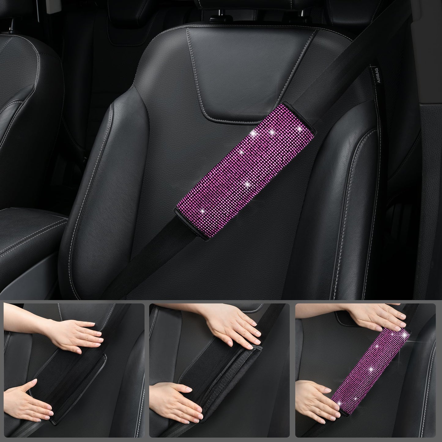 CAR PASS 7 PCS Bling Car Accessories for Women, Sparkly Rhinestone Diamond Steering Wheel Cover, Bling Seat Belt Cushion, Glitter Shift Knob Cover, Car Cup Holder Coaster, Cute Interior Sets Silver