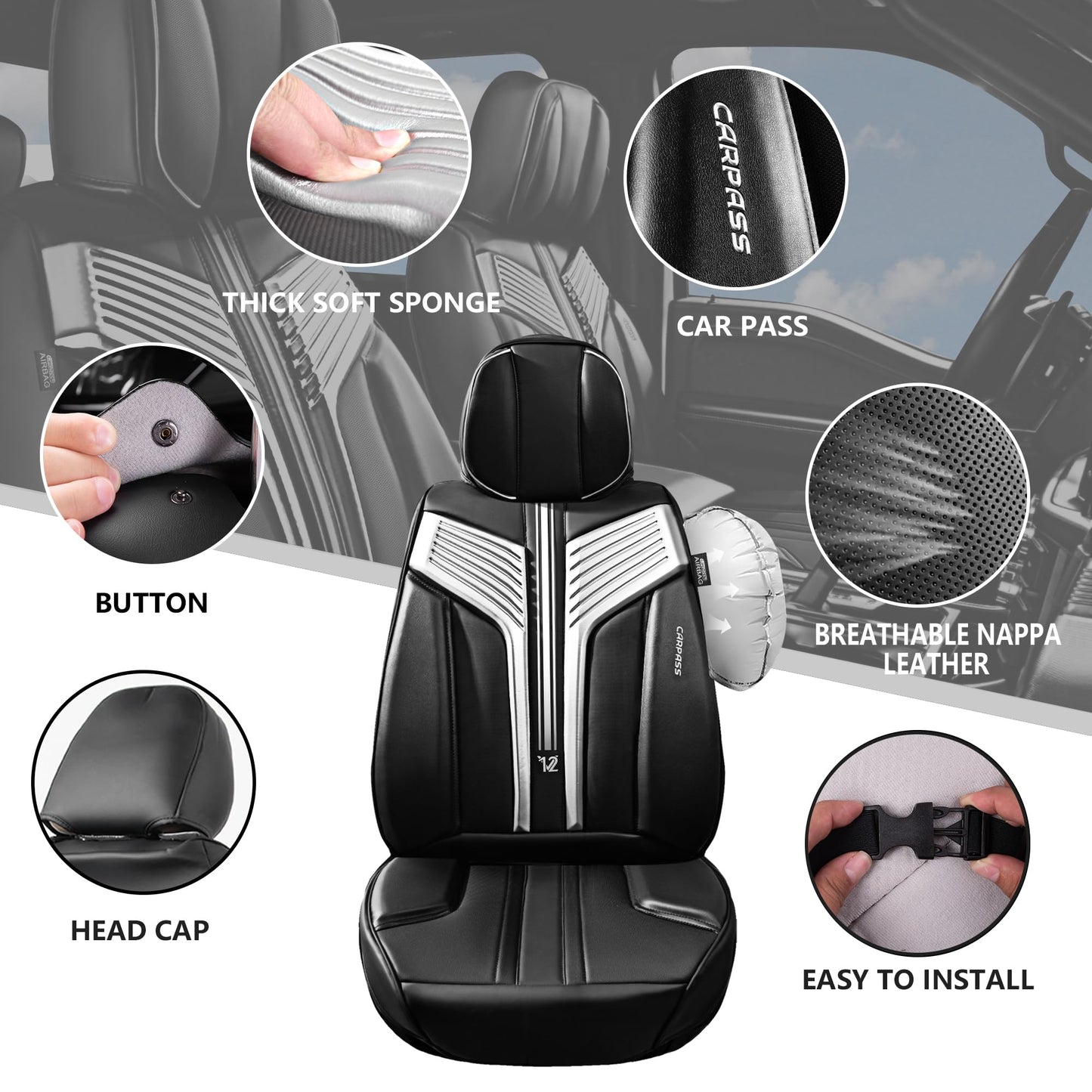 CAR PASS Nappa Leather Seat Covers, Breathable Waterproof Car Seat Covers Full Set, Luxury 3D Sponge Support Full Coverage Seat Protector, Universal Fit SUV Pick-up Truck Sedan Automotive(All Black)