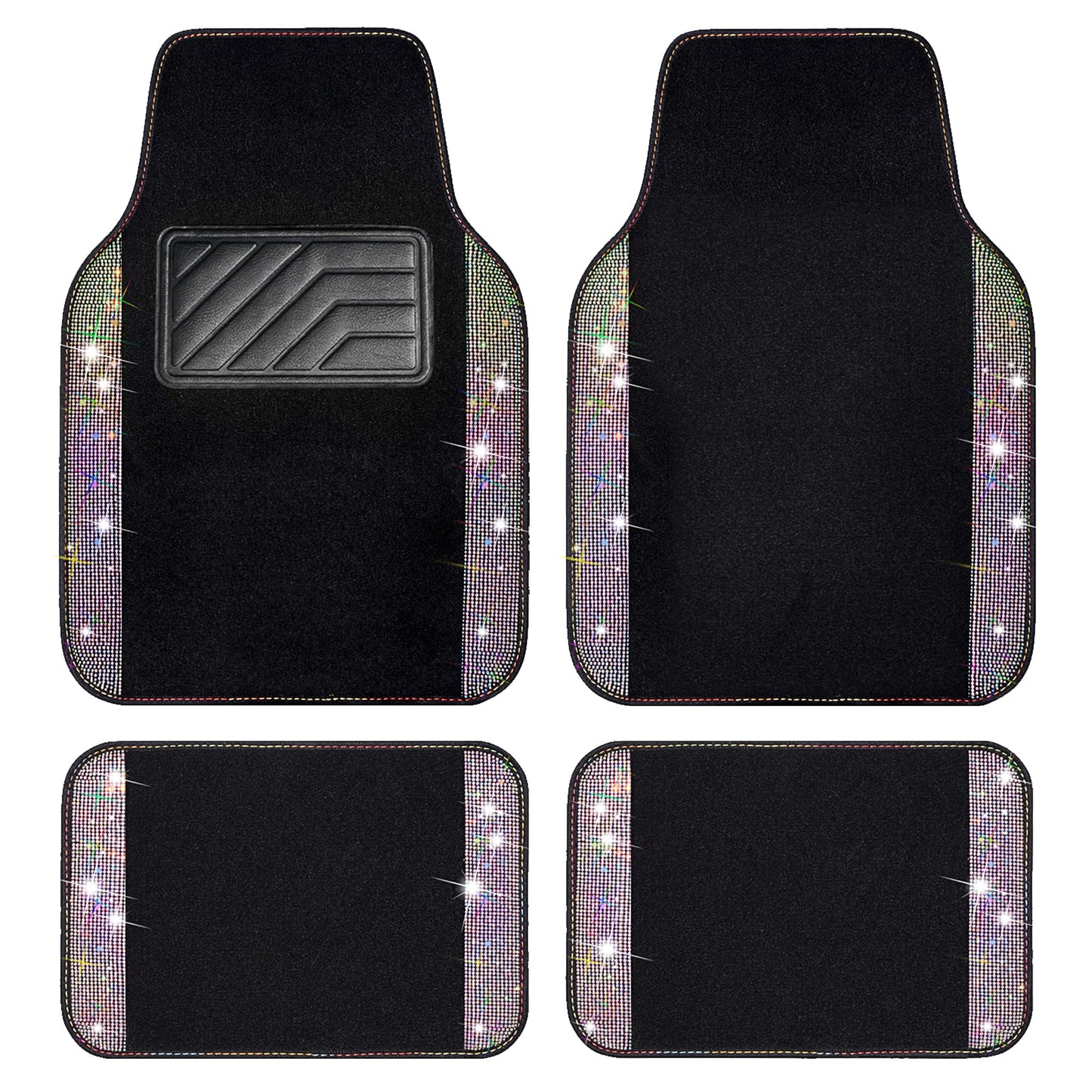 CAR PASS Bling Diamond Car Floor Mats, Shining Rhinestone Carpet Sparkly Glitter Crystal with Anti-Slip PVC Heel Pad Waterproof Universal Fit Automotive SUV,Sedan,Van,Cute Girl Women,4pcs Black Sliver