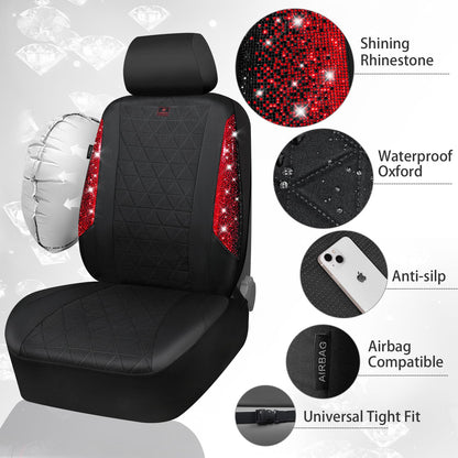 CAR PASS Oxford Bling Diamond Car Seat Covers 2 Front Interior Sets, Waterproof Shining Glitter Sparkly Crystal Universal Armrest Fit 95% Automotive Truck SUV Cute Women Girl, Black Red Rhinestone