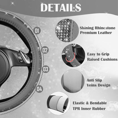 CAR PASS Bling Diamond Leather Steering Wheel Cover, With Sparkly Crystal Glitter Rhinestones Universal Fit 14"1/2-15" Car Wheel Protector for Women Girl Fit Suvs,Vans,Sedans,Car,Trucks, Black Diamond