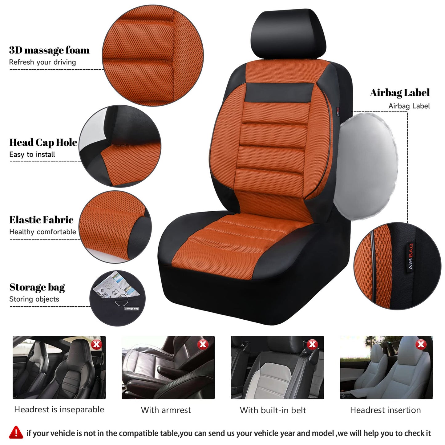 CAR PASS 3D Foam Leather Car Seat Covers Two Front Seats only, Air Cool Mesh Thick Seat Covers, All Weather Car Seat Cover Comfort &amp; Protection for Truck,SUV,Sedan,Van, Airbag Compatible (Black)