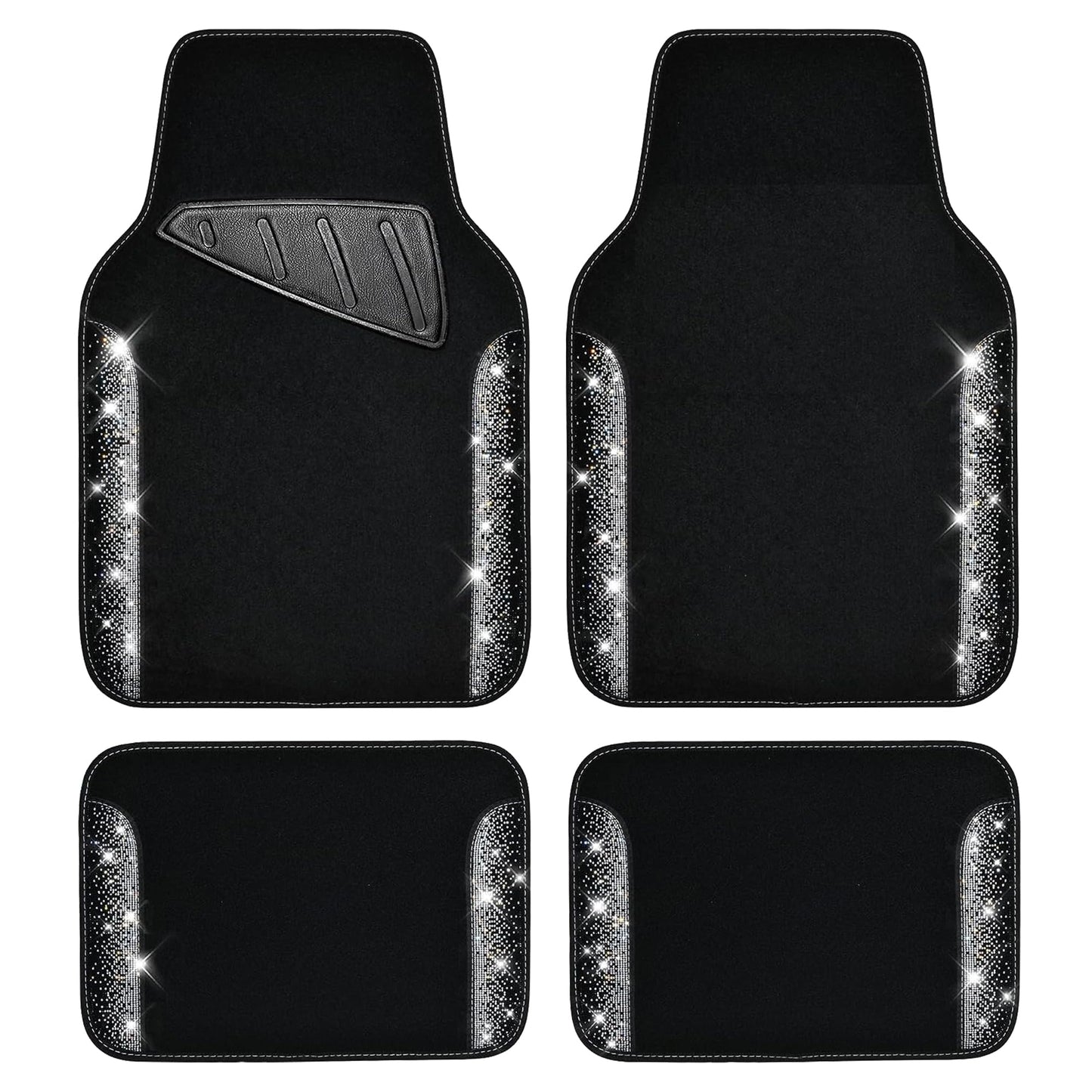 CAR PASS Bling Diamond Car Floor Mats, Shining Rhinestone Carpet Sparkly Glitter Crystal with Anti-Slip PVC Heel Pad Waterproof Universal Fit Automotive SUV,Sedan,Van,Cute Girl Women,4pcs Black Sliver