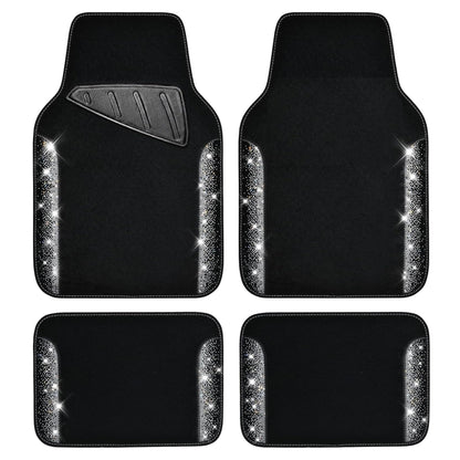 CAR PASS Bling Diamond Car Floor Mats, Shining Rhinestone Carpet Sparkly Glitter Crystal with Anti-Slip PVC Heel Pad Waterproof Universal Fit Automotive SUV,Sedan,Van,Cute Girl Women,4pcs Black Sliver