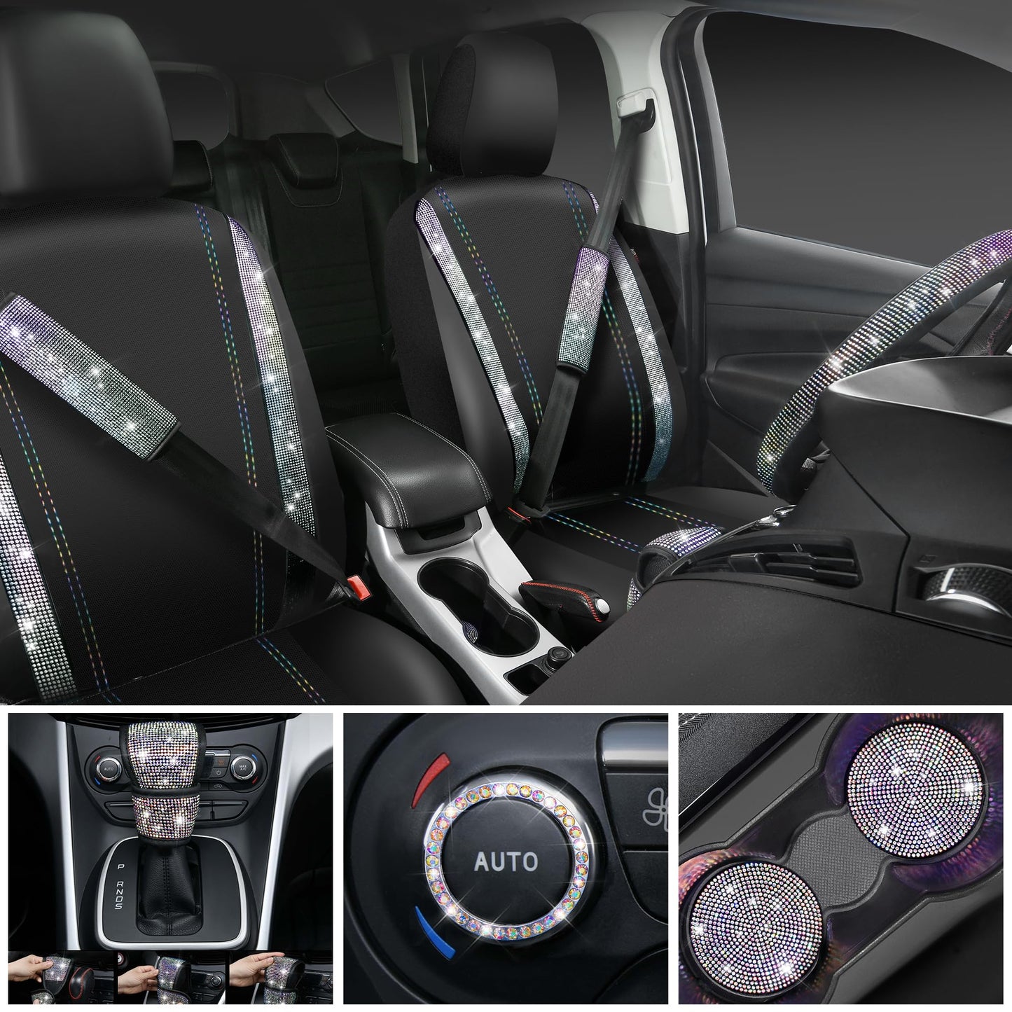 CAR PASS 7 PCS Bling Car Accessories for Women, Sparkly Rhinestone Diamond Steering Wheel Cover, Bling Seat Belt Cushion, Glitter Shift Knob Cover, Car Cup Holder Coaster, Cute Interior Sets Silver