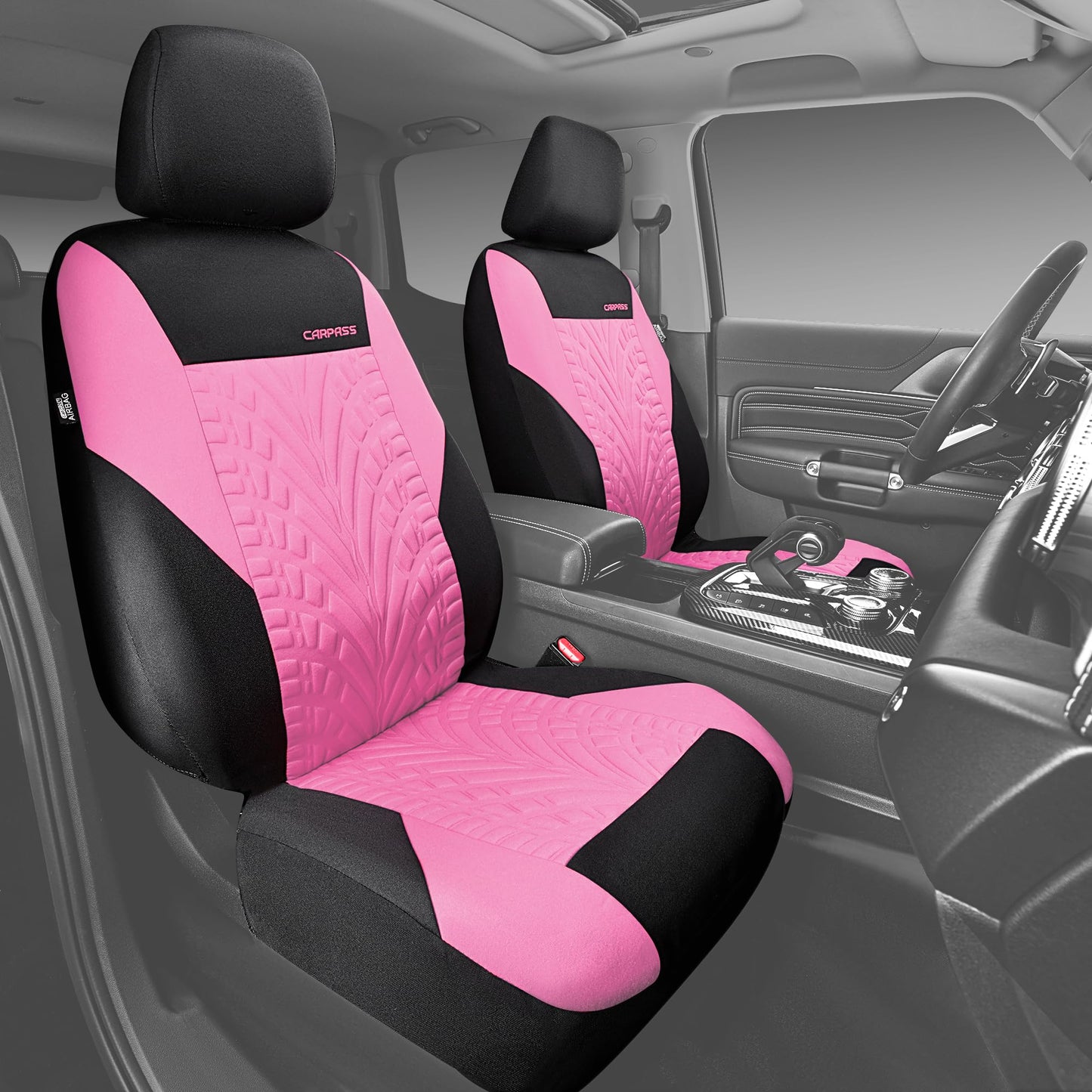 CAR PASS Car Seat Covers Full Sets, Front &amp; Split Rear Bench for Car, 3D Tyre Embossed Automotive Interior Covers, Airbag Compatible, Quick Setup Universal Fit Seat Covers for Car, SUV(All Black)