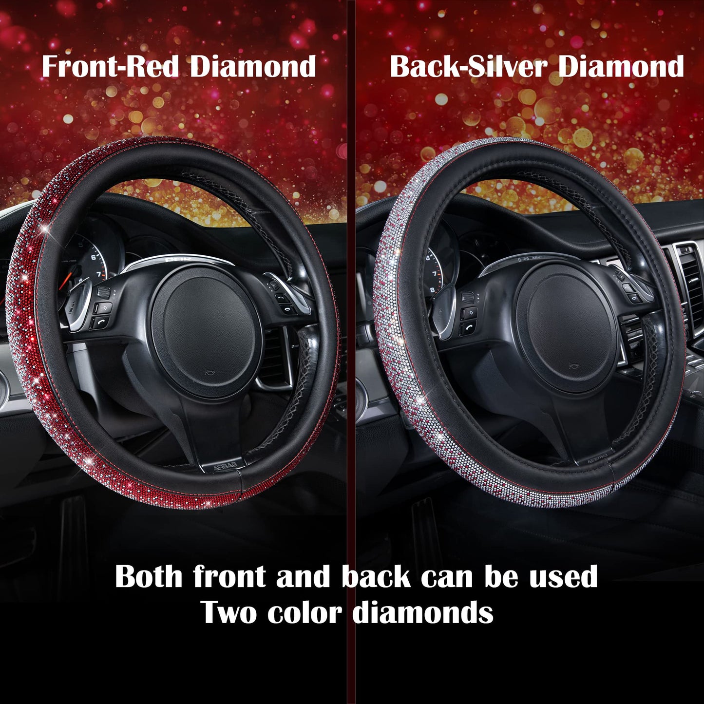 CAR PASS Bling Diamond Leather Steering Wheel Cover, With Sparkly Crystal Glitter Rhinestones Universal Fit 14"1/2-15" Car Wheel Protector for Women Girl Fit Suvs,Vans,Sedans,Car,Trucks, Black Diamond