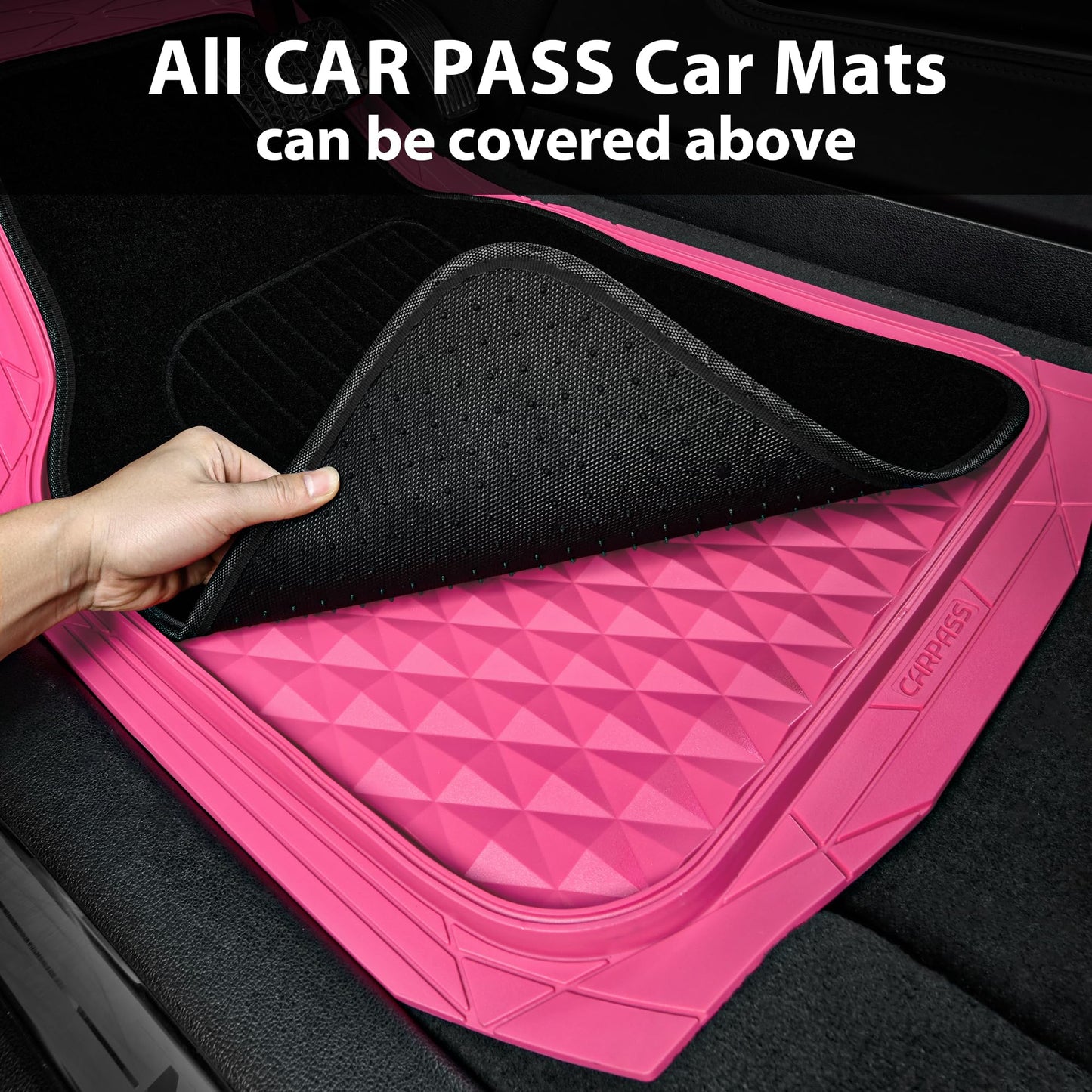 CAR PASS Heavy Duty Rubber Car Mats, Deep Dish All-Weather Floor Mat for Car Full Set Durable Anti-Slip 3D Rhombus Waterproof Trim to Fit Liner Universal Fit Automotive,Sedan,SUV,Truck, 3 Piece Black