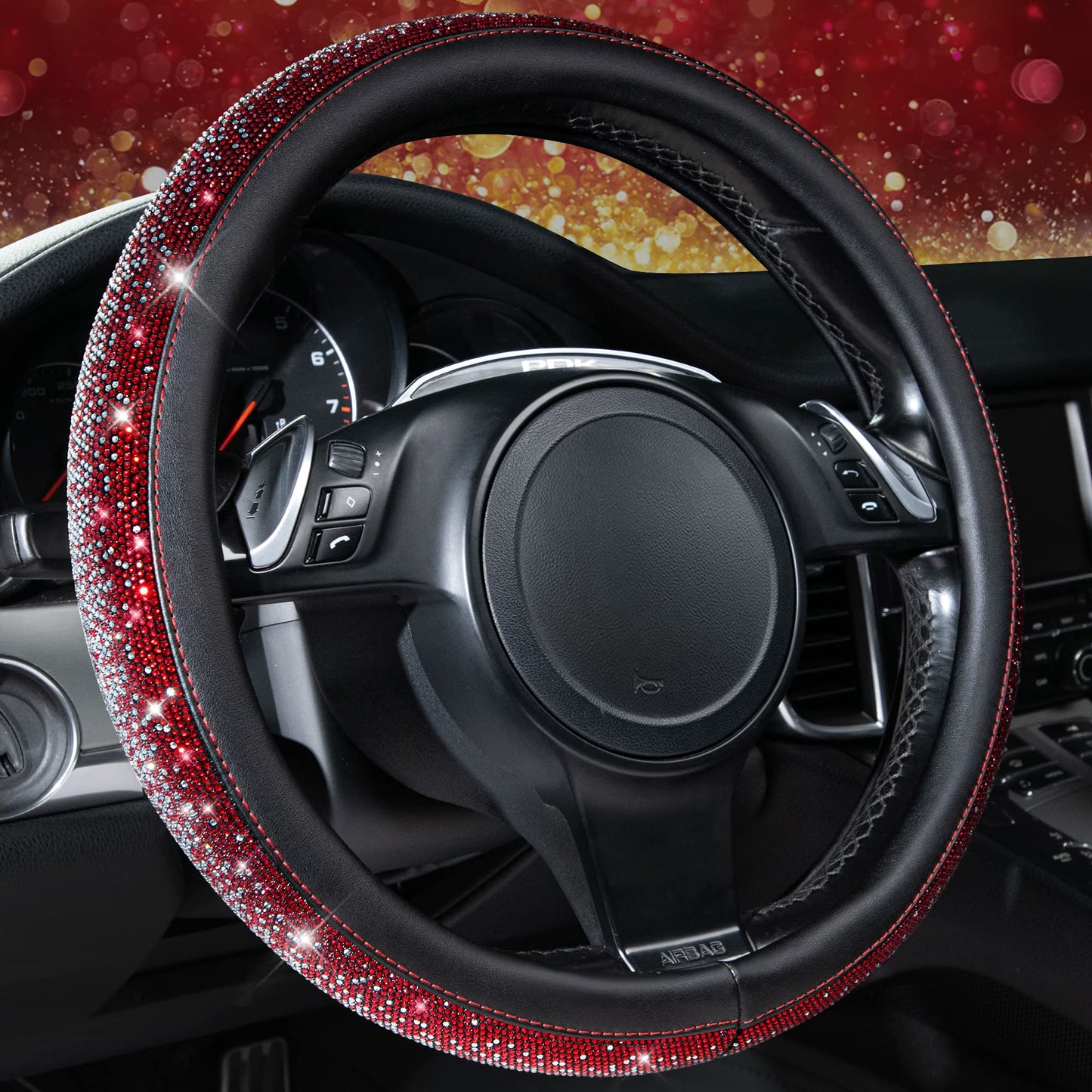 CAR PASS Bling Diamond Leather Steering Wheel Cover, With Sparkly Crystal Glitter Rhinestones Universal Fit 14"1/2-15" Car Wheel Protector for Women Girl Fit Suvs,Vans,Sedans,Car,Trucks, Black Diamond