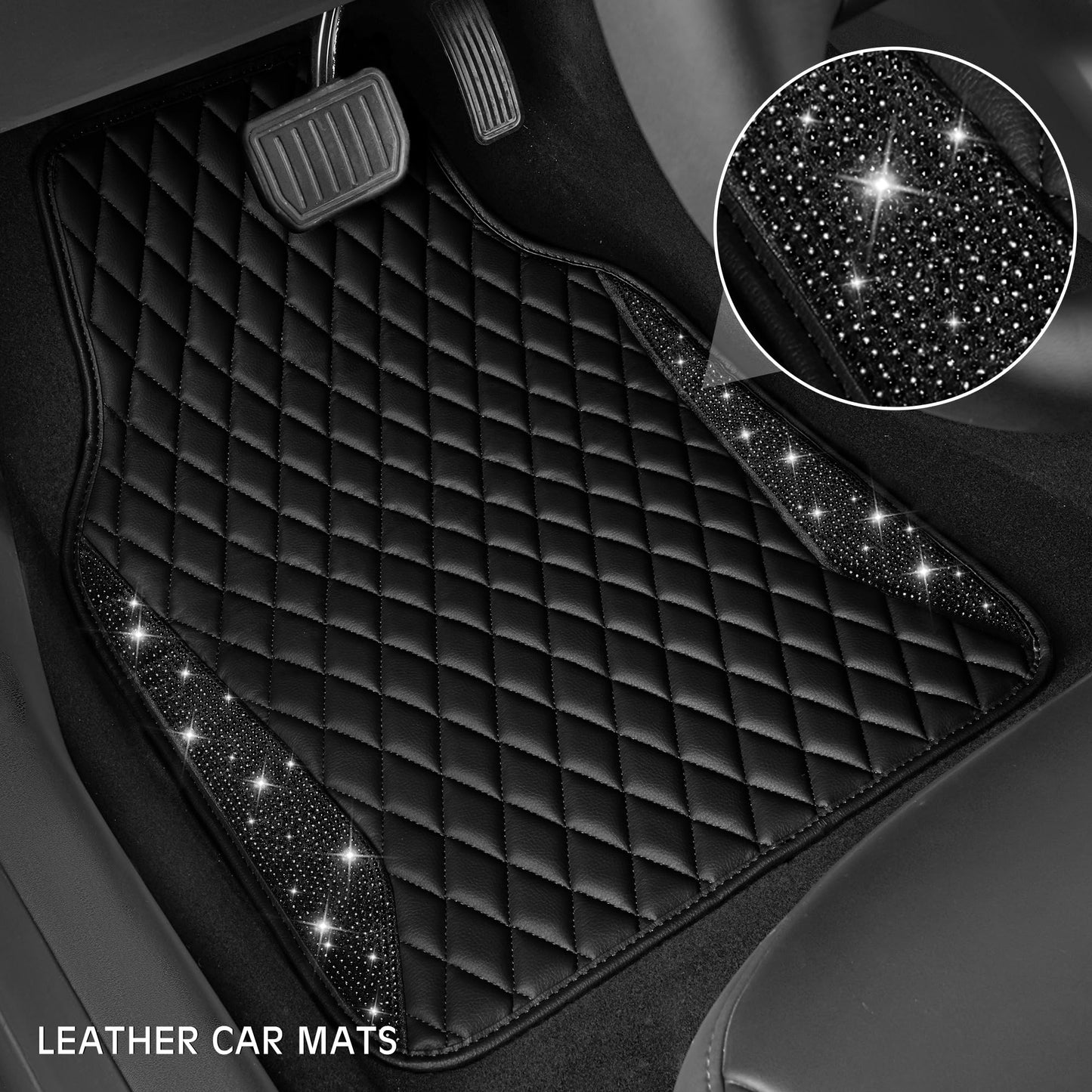 CAR PASS Bling Leather Car Mats Shining Diamond Floor Mats Sparkly Glitter Crystal Rhinestones Carpet Anti-Slip Waterproof Pad Universal Fit for Automotive SUV, Sedan, Van, 5pcs for Girl Women Black