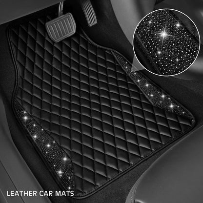 CAR PASS Bling Leather Car Mats Shining Diamond Floor Mats Sparkly Glitter Crystal Rhinestones Carpet Anti-Slip Waterproof Pad Universal Fit for Automotive SUV, Sedan, Van, 5pcs for Girl Women Black