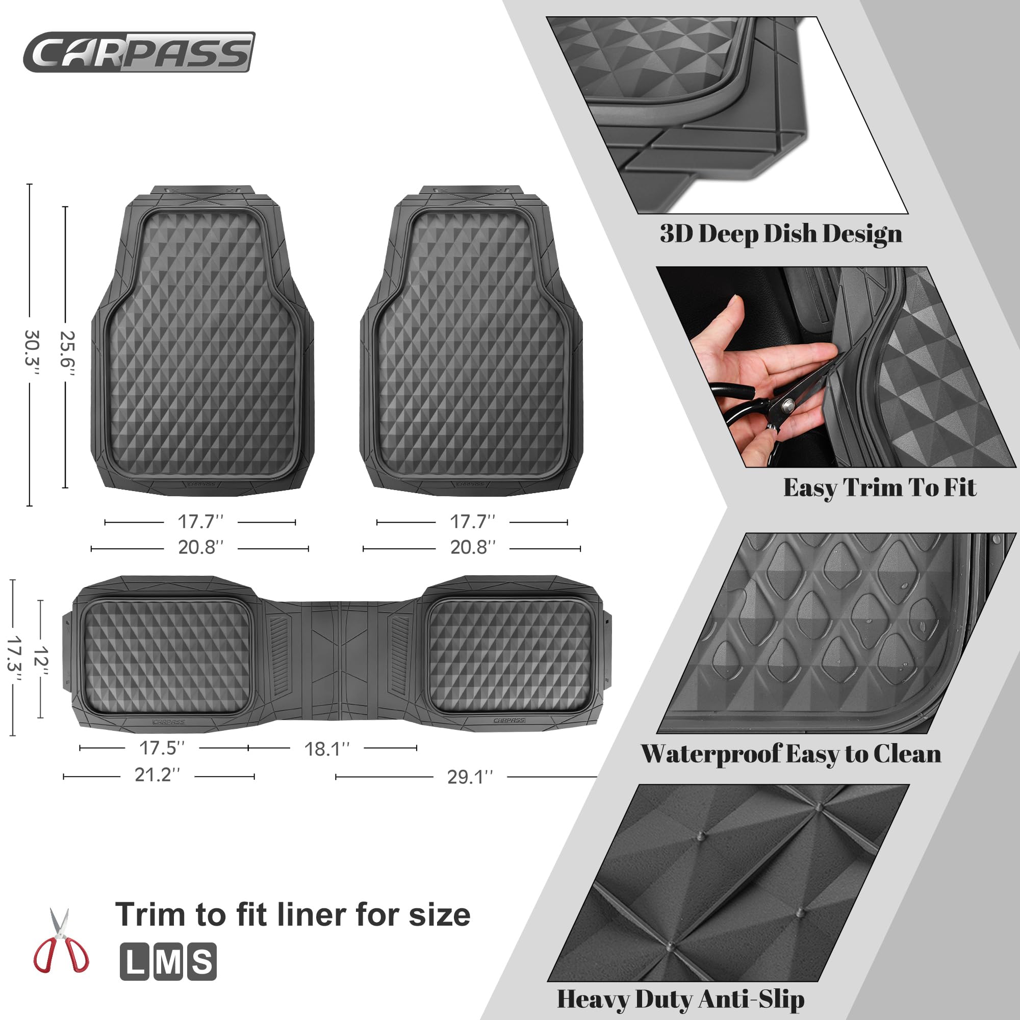 CAR PASS Heavy Duty Rubber Car Mats, Deep Dish All-Weather Floor Mat for Car Full Set Durable Anti-Slip 3D Rhombus Waterproof Trim to Fit Liner Universal Fit Automotive,Sedan,SUV,Truck, 3 Piece Black