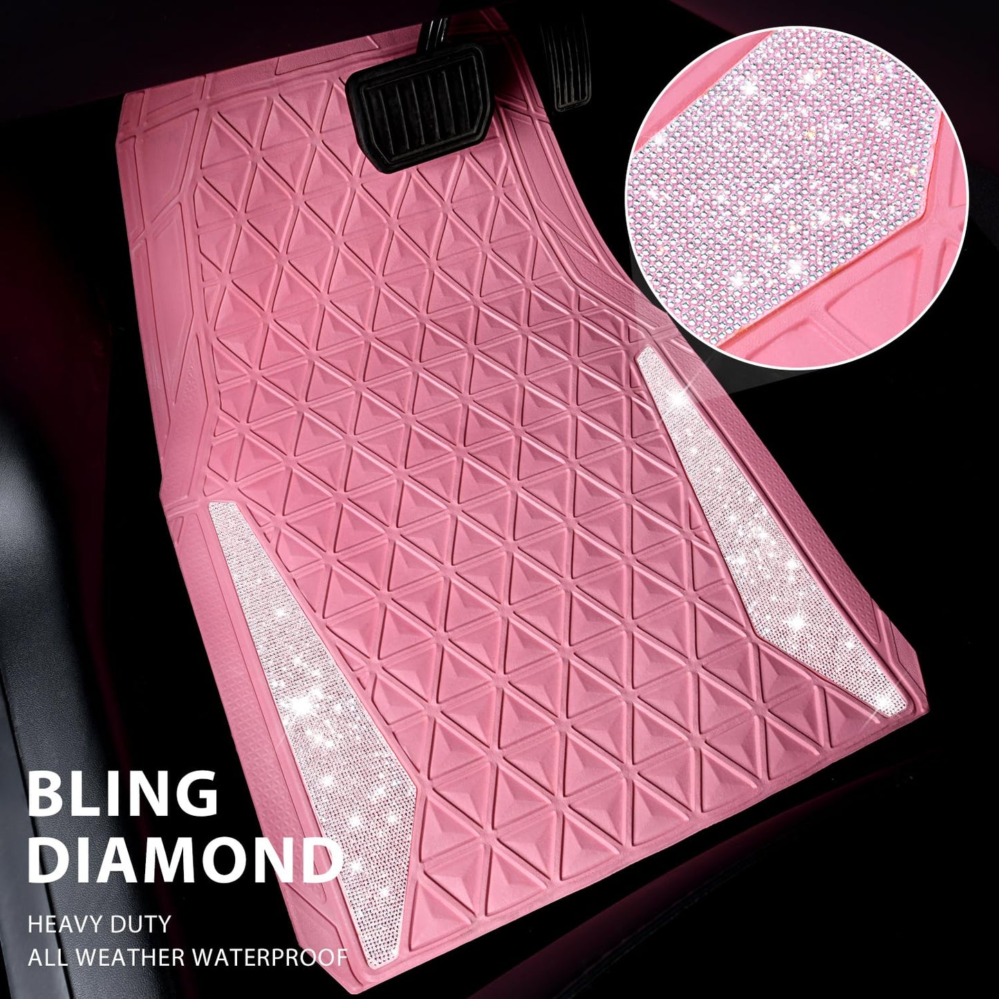 CAR PASS Bling Car Mats Diamond Rubber Floor Mats Full Set Anti-Slip 3D Rhombus Waterproof Trim to Fit Liner Universal Glitter Crystal Sparkly Shining Rhinestone Girl Women SUV Sedan Van, Black Silver