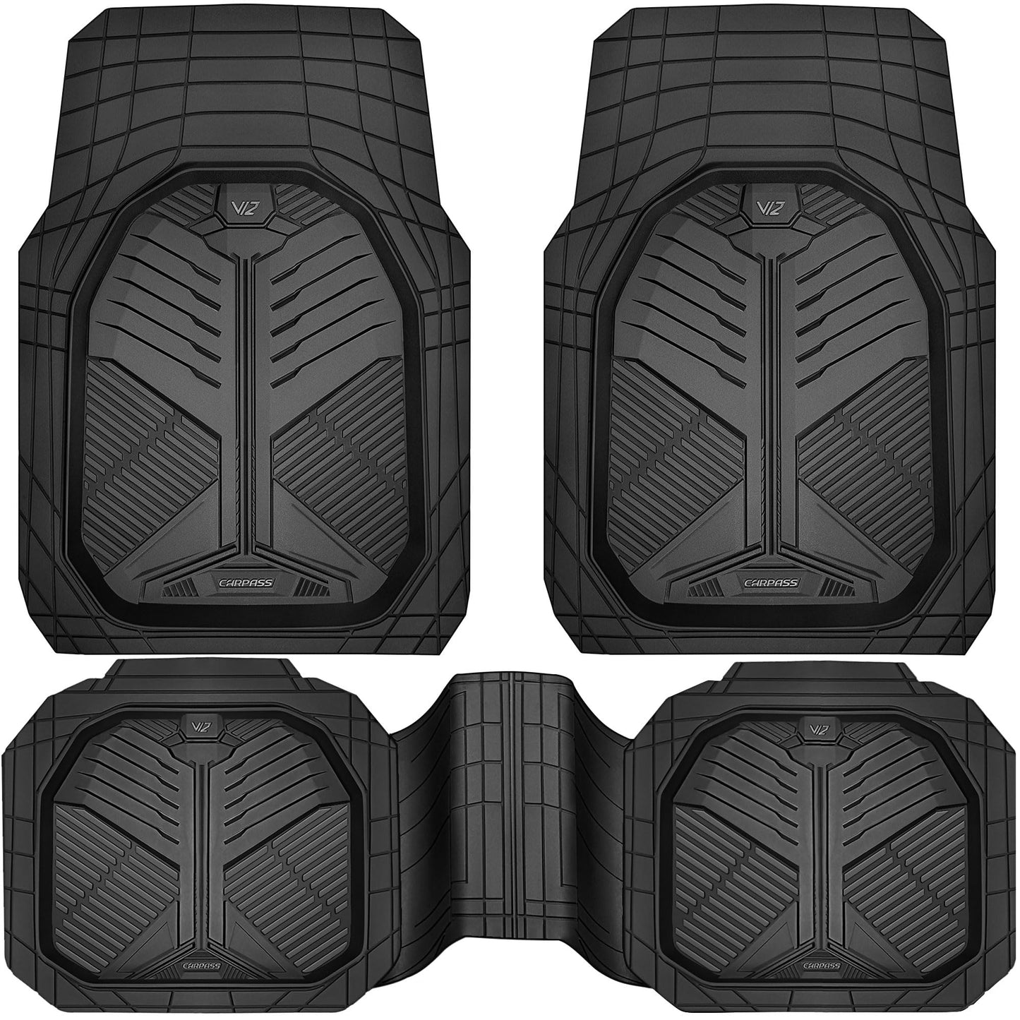 CAR PASS Heavy Duty Rubber Car Mats, Deep-Dish Odorless Car Floor Mats All Weather, Universal Trim-to-Fit for SUVs Trucks Sedans, Waterproof Anti-Slip, 3 Pieces V12 Black