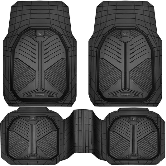 CAR PASS Heavy Duty Rubber Car Mats, Deep-Dish Odorless Car Floor Mats All Weather, Universal Trim-to-Fit for SUVs Trucks Sedans, Waterproof Anti-Slip, 3 Pieces V12 Black