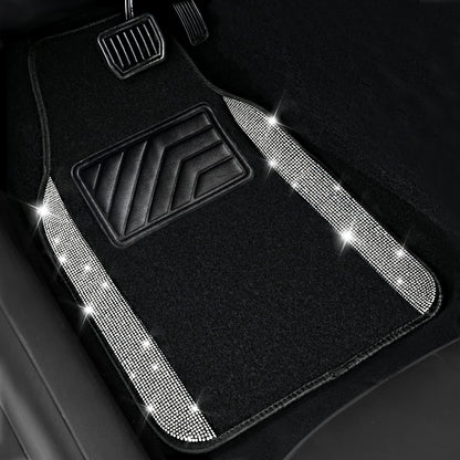 CAR PASS Bling Diamond Car Floor Mats, Shining Rhinestone Carpet Sparkly Glitter Crystal with Anti-Slip PVC Heel Pad Waterproof Universal Fit Automotive SUV,Sedan,Van,Cute Girl Women,4pcs Black Sliver