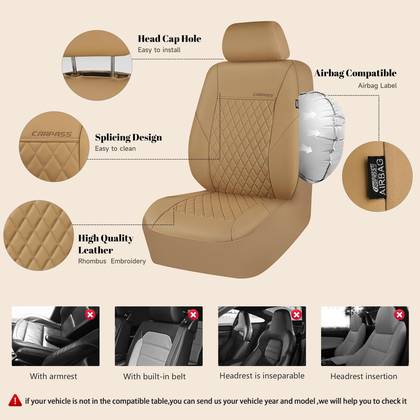 CAR PASS Quilting Leather Seat Cover Two Front Seats Only, Universal Fit Automotive Front Seat Covers Waterproof Deluxe PU Premium Vinyl Luxury for Cars Sedan Van SUV Airbag Compatible 2 Pieces,Black