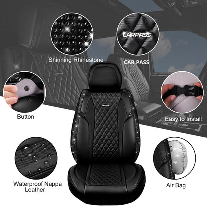 CAR Pass Bling Car Seat Covers, Microfiber Nappa Leather Luxury Cushioned, Waterproof Heavy-Duty Anti-Slip Universal Fit for Auto SUV Sedan,Sparkly Glitter Shining Rhinestone Full Set, Black Diamond