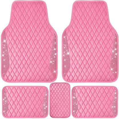 CAR PASS Bling Leather Car Mats Shining Diamond Floor Mats Sparkly Glitter Crystal Rhinestones Carpet Anti-Slip Waterproof Pad Universal Fit for Automotive SUV, Sedan, Van, 5pcs for Girl Women Black