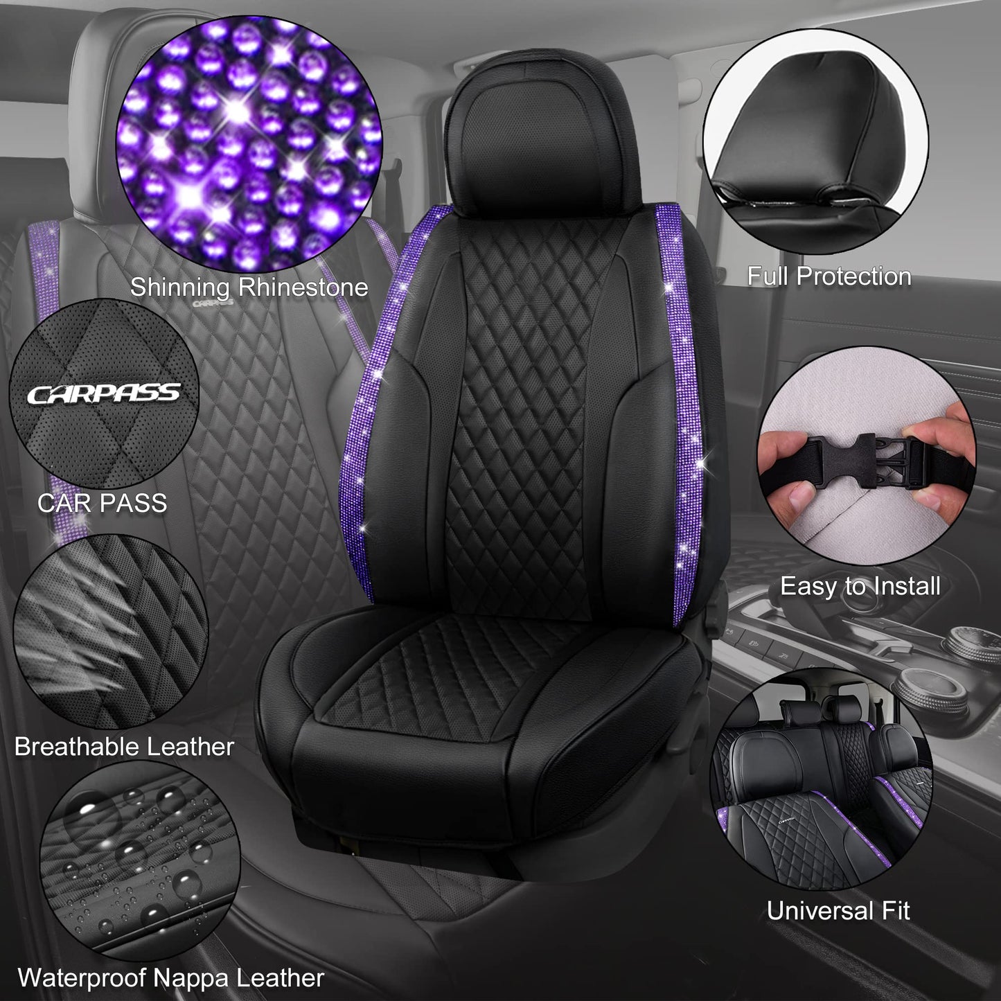 CAR Pass Bling Car Seat Covers, Microfiber Nappa Leather Luxury Cushioned, Waterproof Heavy-Duty Anti-Slip Universal Fit for Auto SUV Sedan,Sparkly Glitter Shining Rhinestone Full Set, Black Diamond