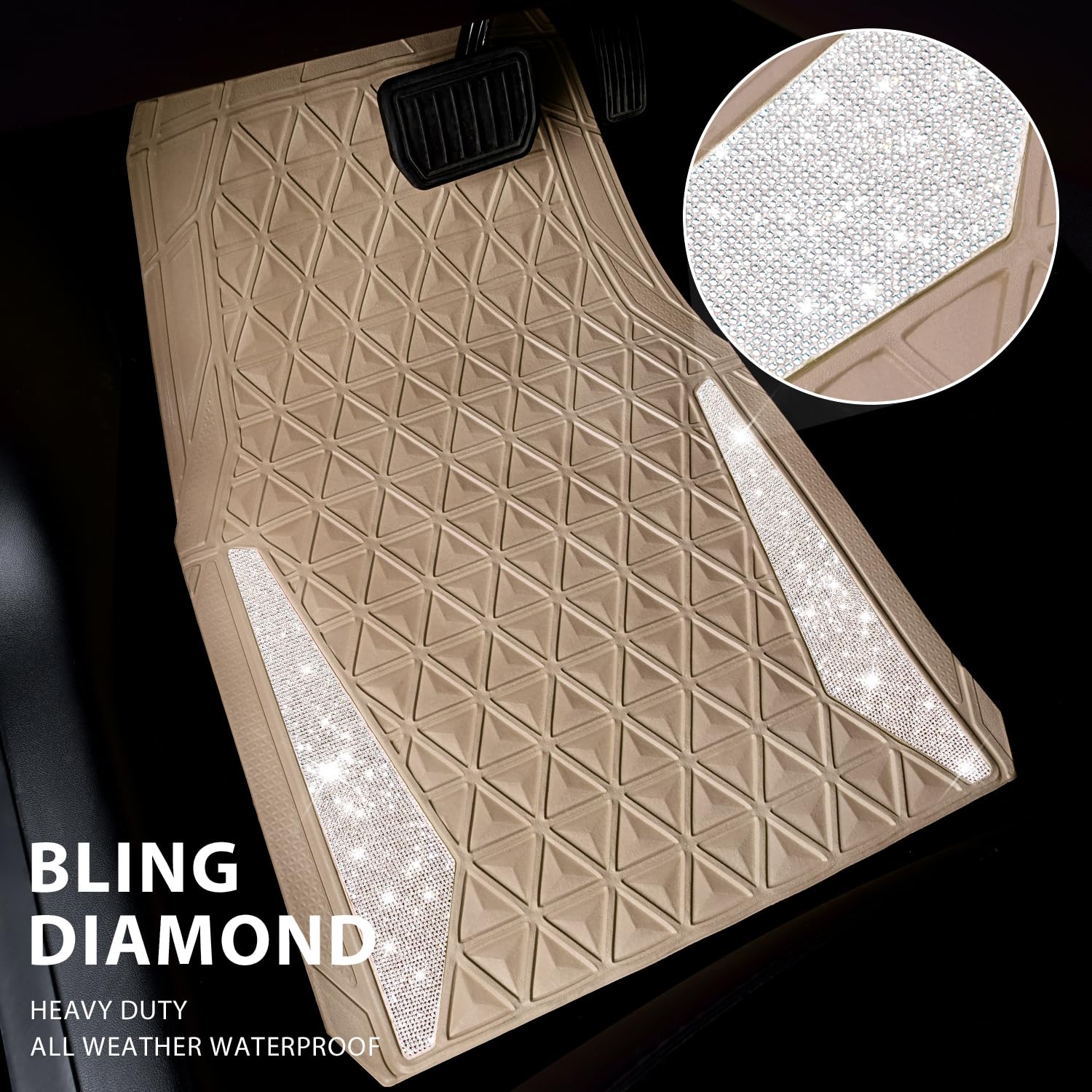 CAR PASS Bling Car Mats Diamond Rubber Floor Mats Full Set Anti-Slip 3D Rhombus Waterproof Trim to Fit Liner Universal Glitter Crystal Sparkly Shining Rhinestone Girl Women SUV Sedan Van, Black Silver