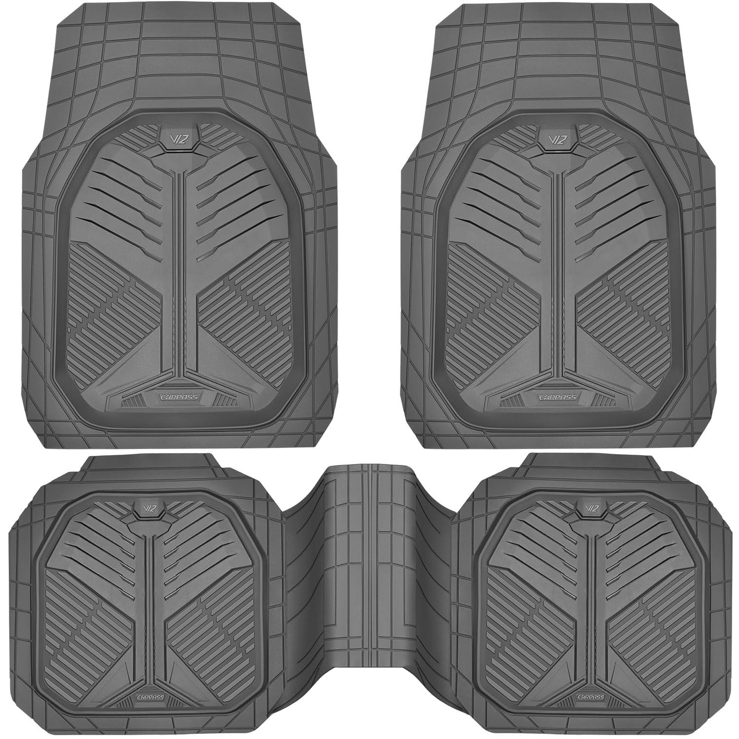 CAR PASS Heavy Duty Rubber Car Mats, Deep-Dish Odorless Car Floor Mats All Weather, Universal Trim-to-Fit for SUVs Trucks Sedans, Waterproof Anti-Slip, 3 Pieces V12 Black