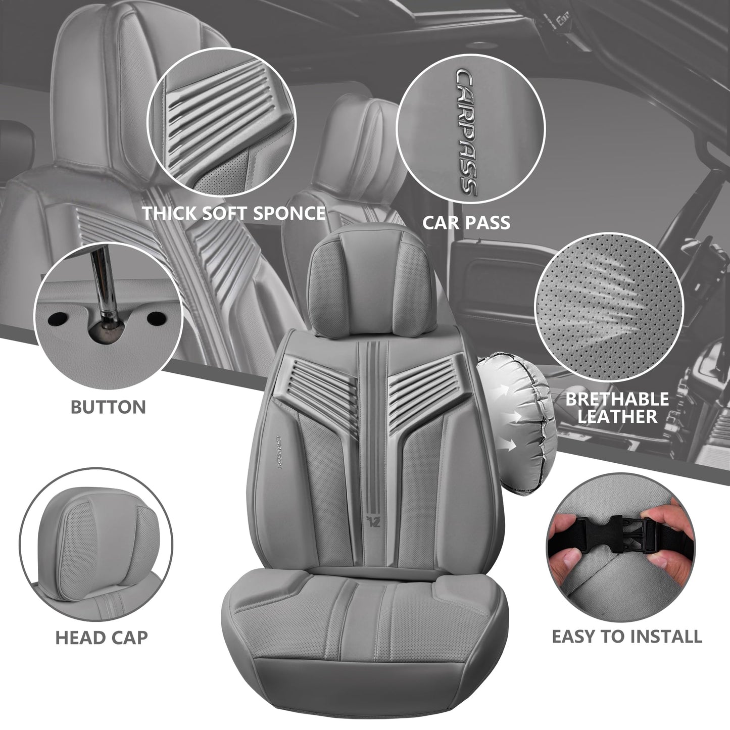 CAR PASS Nappa Leather Seat Covers, Breathable Waterproof Car Seat Covers Full Set, Luxury 3D Sponge Support Full Coverage Seat Protector, Universal Fit SUV Pick-up Truck Sedan Automotive(All Black)