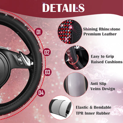 CAR PASS Bling Diamond Leather Steering Wheel Cover, With Sparkly Crystal Glitter Rhinestones Universal Fit 14"1/2-15" Car Wheel Protector for Women Girl Fit Suvs,Vans,Sedans,Car,Trucks, Black Diamond