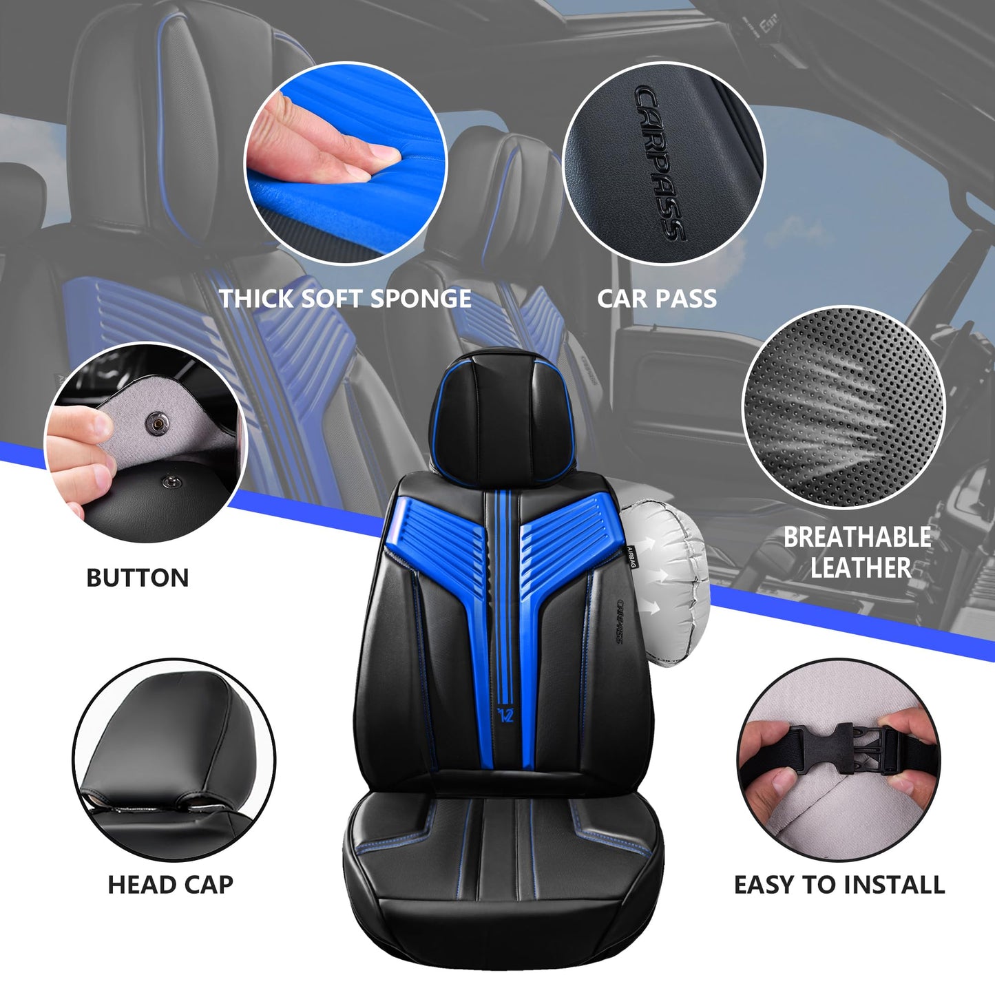 CAR PASS Nappa Leather Seat Covers, Breathable Waterproof Car Seat Covers Full Set, Luxury 3D Sponge Support Full Coverage Seat Protector, Universal Fit SUV Pick-up Truck Sedan Automotive(All Black)